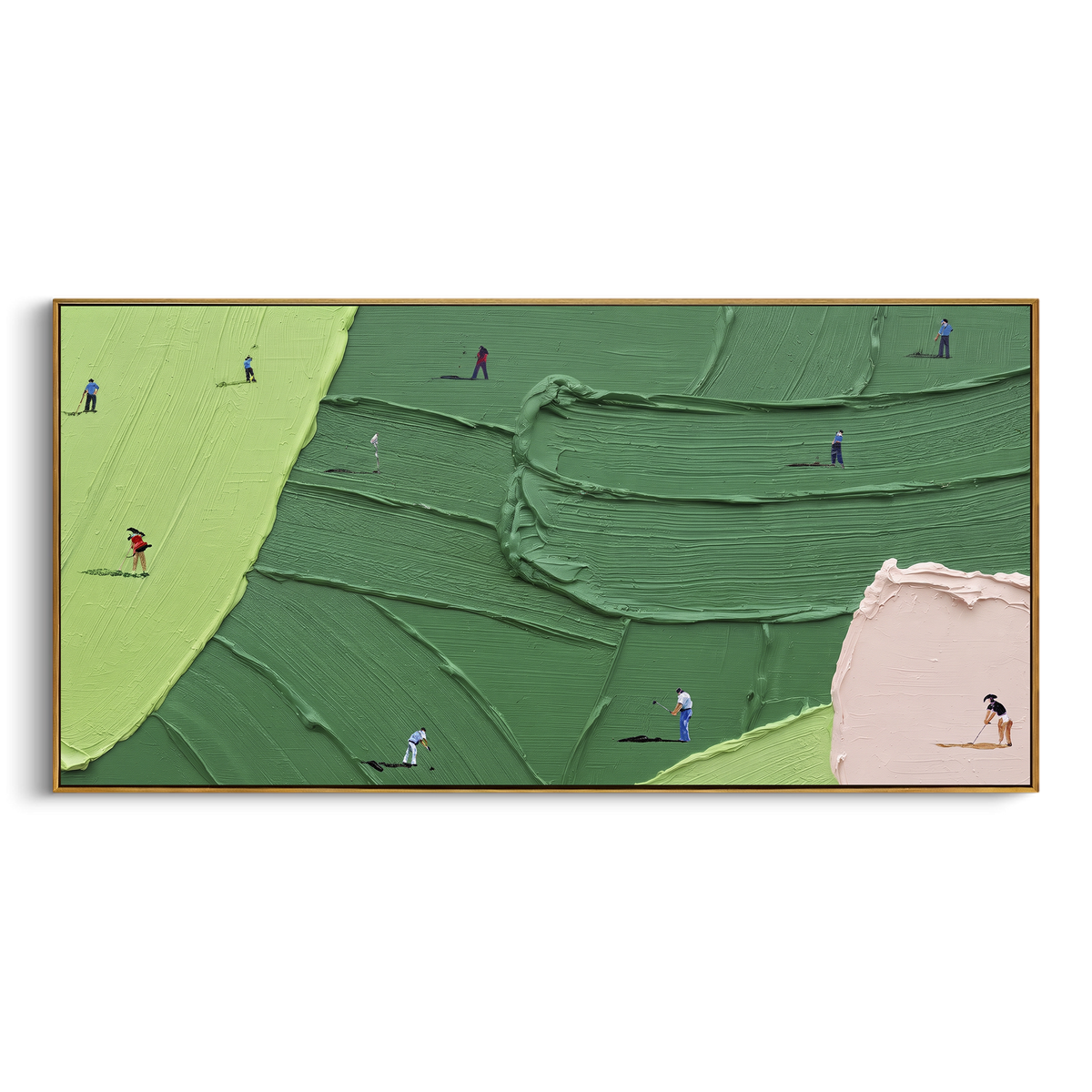 Pink Corner Golf Fairway focuses on this hand-painted textured canvas features pale pink corner bunker, lime fairway edge, deep green course fields, and miniature players. The composition is described from the actual main image, so the visible subject, color balance, spacing, and surface movement stay specific to this product instead of reading like a batch title. Raised palette-knife layers, sculpted impasto ridges, softened brush transitions, and tactile handmade texture give the canvas