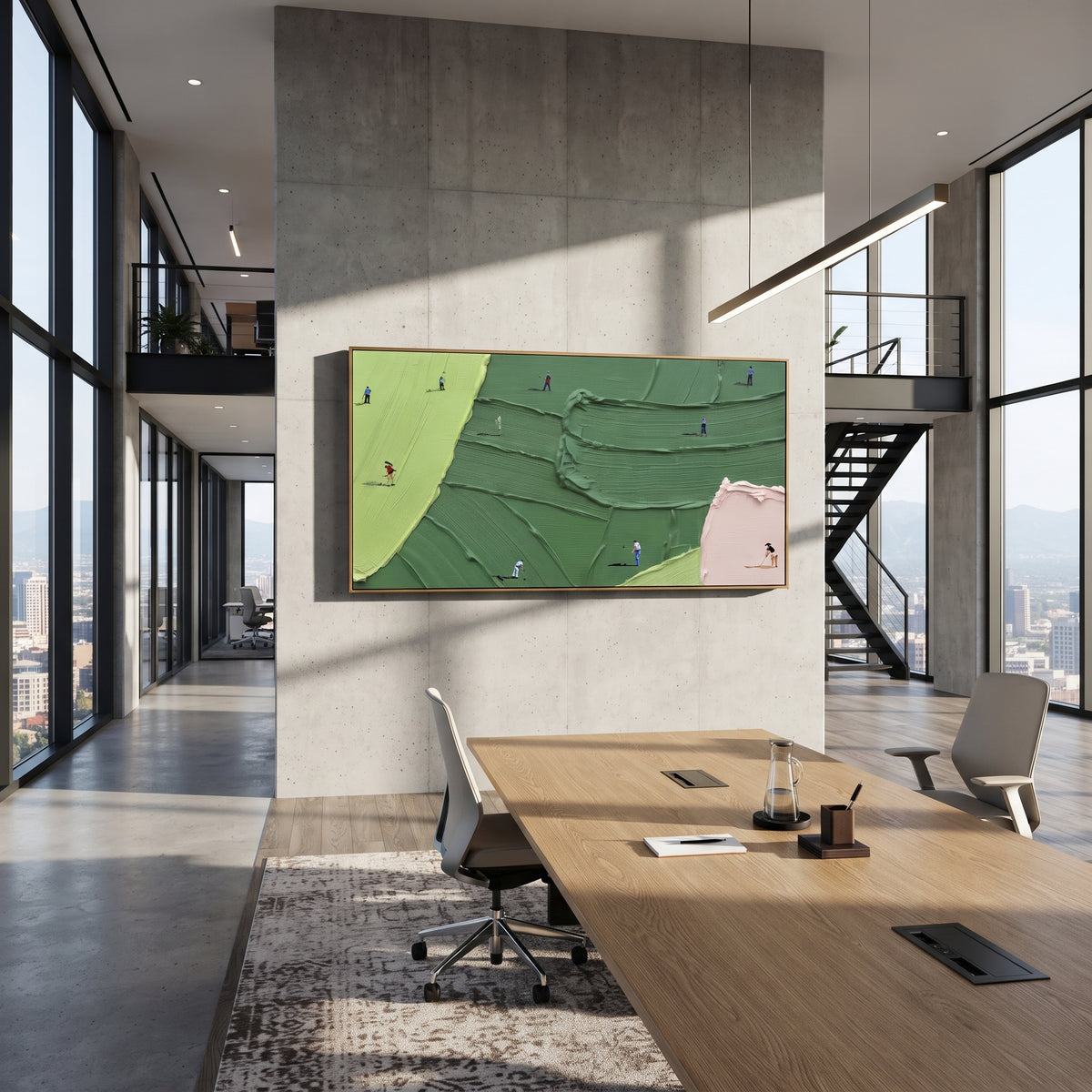 Pink Corner Golf Fairway focuses on this hand-painted textured canvas features pale pink corner bunker, lime fairway edge, deep green course fields, and miniature players. The composition is described from the actual main image, so the visible subject, color balance, spacing, and surface movement stay specific to this product instead of reading like a batch title. Raised palette-knife layers, sculpted impasto ridges, softened brush transitions, and tactile handmade texture give the canvas