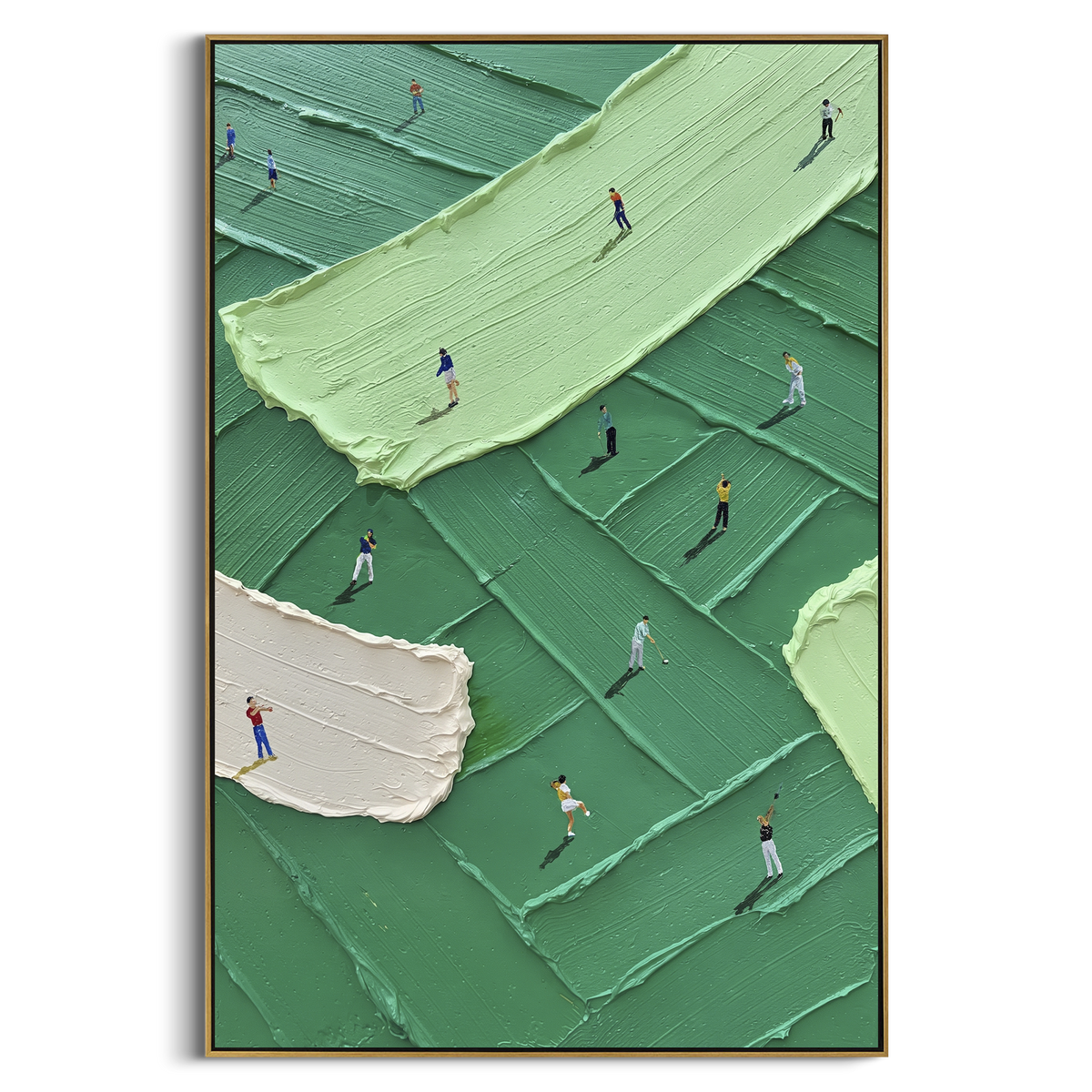 Cream Path Golfers Relief focuses on this hand-painted textured canvas features cream fairway path crossing green terrain, small golfers, and raised rectangular turf textures. The composition is described from the actual main image, so the visible subject, color balance, spacing, and surface movement stay specific to this product instead of reading like a batch title. Raised palette-knife layers, sculpted impasto ridges, softened brush transitions, and tactile handmade texture give the canvas