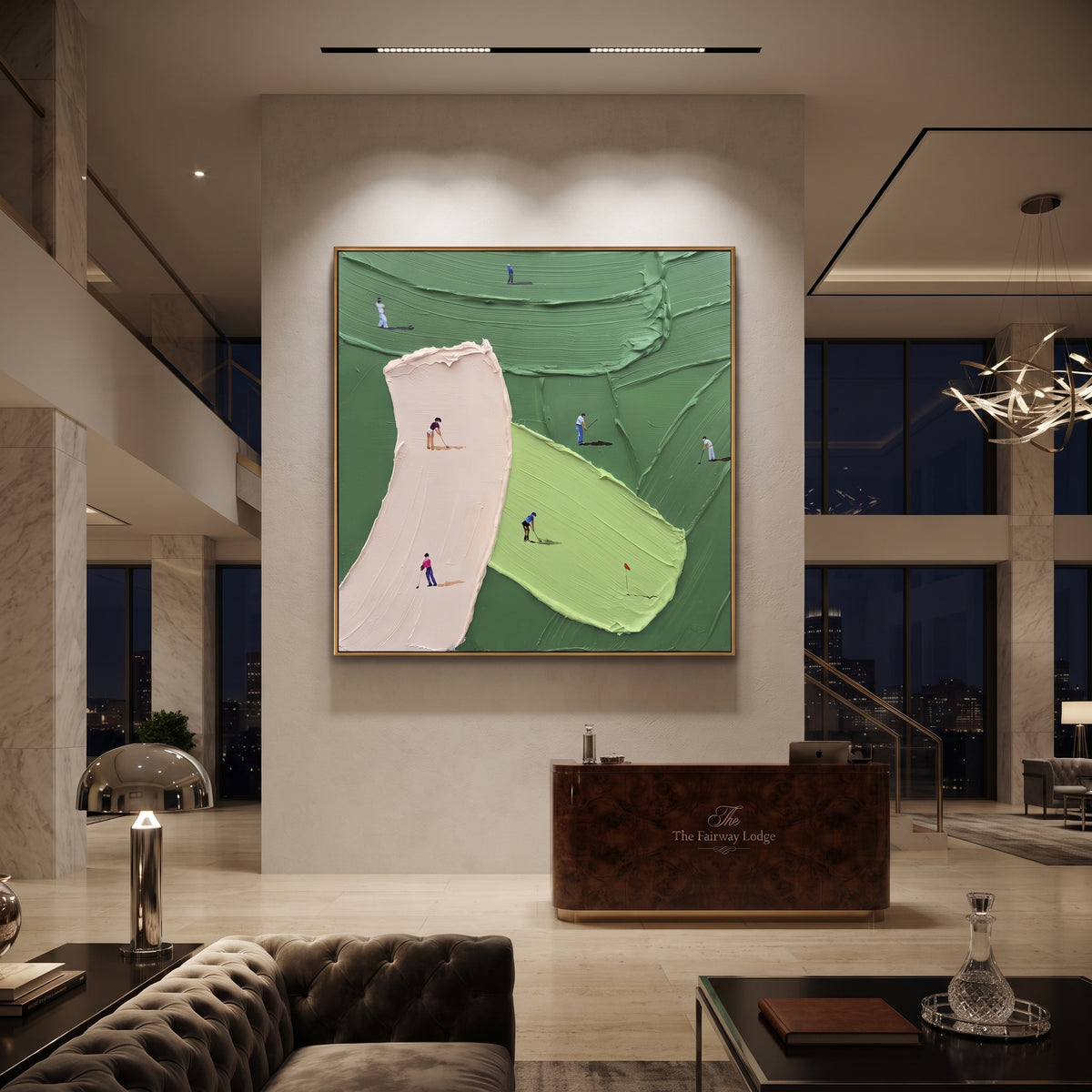 Pink Sand Trap Golf Relief focuses on this hand-painted textured canvas features pink sand trap, curved lime green, dark green layered fairway, and golfers near the putting surface. The composition is described from the actual main image, so the visible subject, color balance, spacing, and surface movement stay specific to this product instead of reading like a batch title. Raised palette-knife layers, sculpted impasto ridges, softened brush transitions, and tactile handmade texture give the