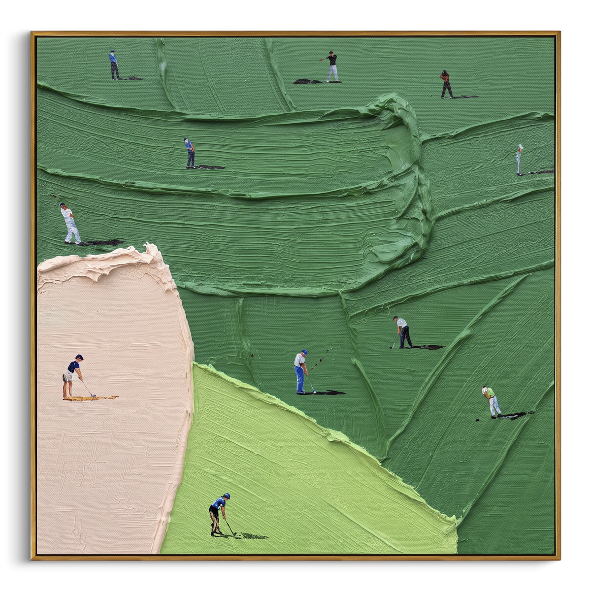 Terraced Green Golf Course focuses on this hand-painted textured canvas features terraced green fairway ridges, pale pink bunker edge, and miniature golfers spread across the course. The composition is described from the actual main image, so the visible subject, color balance, spacing, and surface movement stay specific to this product instead of reading like a batch title. Raised palette-knife layers, sculpted impasto ridges, softened brush transitions, and tactile handmade texture give the
