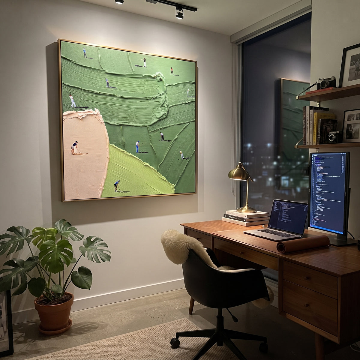 Terraced Green Golf Course focuses on this hand-painted textured canvas features terraced green fairway ridges, pale pink bunker edge, and miniature golfers spread across the course. The composition is described from the actual main image, so the visible subject, color balance, spacing, and surface movement stay specific to this product instead of reading like a batch title. Raised palette-knife layers, sculpted impasto ridges, softened brush transitions, and tactile handmade texture give the