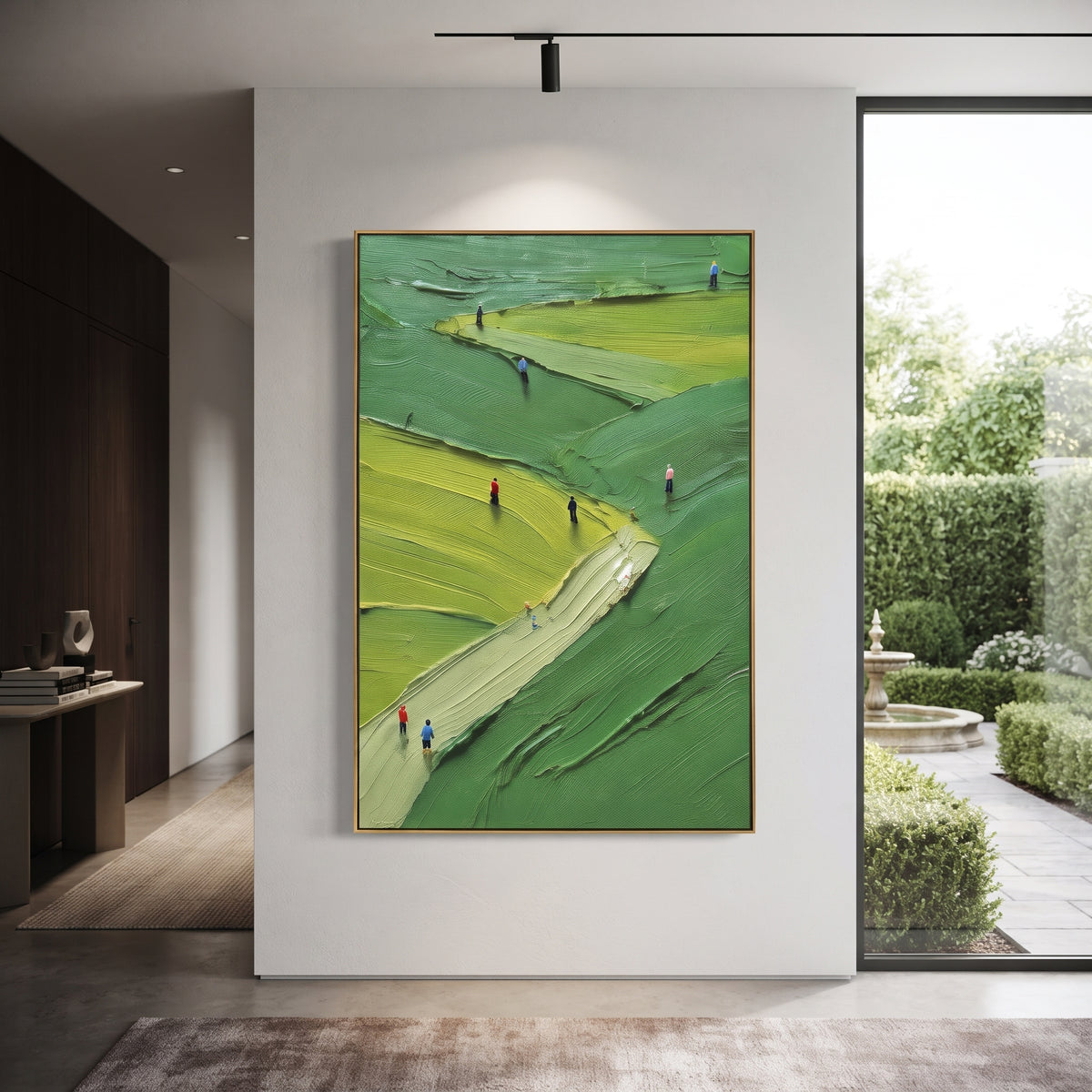 Sloped Lime Golf Fairway focuses on this hand-painted textured canvas features sloped lime fairway, deep green course contours, and small golfers climbing through the vertical scene. The composition is described from the actual main image, so the visible subject, color balance, spacing, and surface movement stay specific to this product instead of reading like a batch title. Raised palette-knife layers, sculpted impasto ridges, softened brush transitions, and tactile handmade texture give the