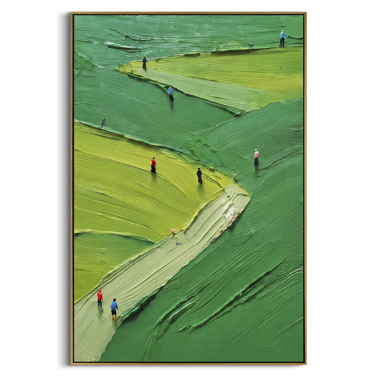 Sloped Lime Golf Fairway focuses on this hand-painted textured canvas features sloped lime fairway, deep green course contours, and small golfers climbing through the vertical scene. The composition is described from the actual main image, so the visible subject, color balance, spacing, and surface movement stay specific to this product instead of reading like a batch title. Raised palette-knife layers, sculpted impasto ridges, softened brush transitions, and tactile handmade texture give the