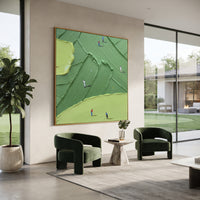Flagstick Rolling Golf Green Relief focuses on this hand-painted textured canvas features large lime green foreground, flagstick, terraced fairway ridges, and golfers in red and blue. The title and description are matched to the actual main image, so the visible subject, color balance, spacing, and surface movement stay specific to this product instead of using a repeated batch phrase. Raised palette-knife layers, sculpted impasto ridges, softened brush transitions, and tactile handmade texture