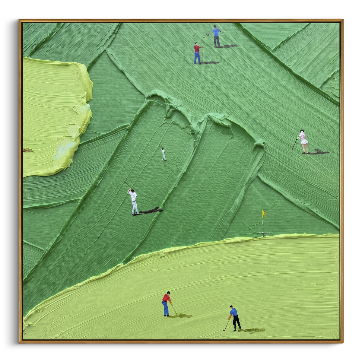 Flagstick Rolling Golf Green Relief focuses on this hand-painted textured canvas features large lime green foreground, flagstick, terraced fairway ridges, and golfers in red and blue. The title and description are matched to the actual main image, so the visible subject, color balance, spacing, and surface movement stay specific to this product instead of using a repeated batch phrase. Raised palette-knife layers, sculpted impasto ridges, softened brush transitions, and tactile handmade texture