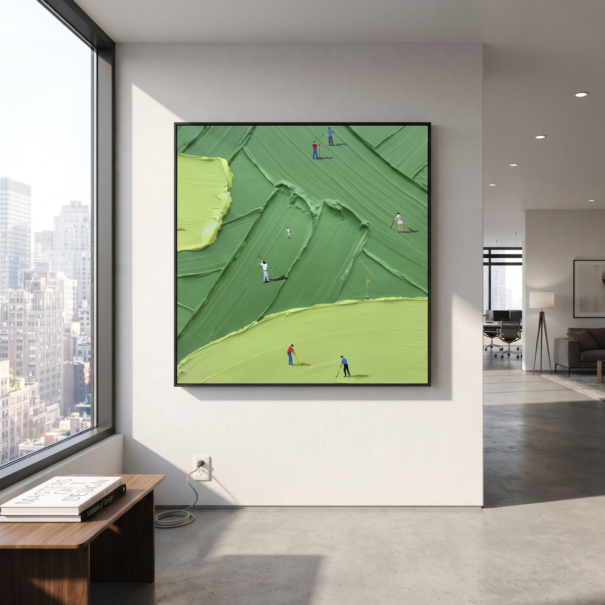 Flagstick Rolling Golf Green Relief focuses on this hand-painted textured canvas features large lime green foreground, flagstick, terraced fairway ridges, and golfers in red and blue. The title and description are matched to the actual main image, so the visible subject, color balance, spacing, and surface movement stay specific to this product instead of using a repeated batch phrase. Raised palette-knife layers, sculpted impasto ridges, softened brush transitions, and tactile handmade texture