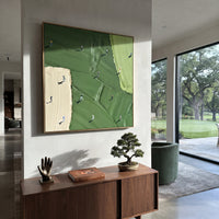 White Edge Golf Course Relief focuses on this hand-painted textured canvas features white bunker edge, vertical lime fairway, dark green terrain blocks, and small golfer silhouettes. The composition is described from the actual main image, so the visible subject, color balance, spacing, and surface movement stay specific to this product instead of reading like a batch title. Raised palette-knife layers, sculpted impasto ridges, softened brush transitions, and tactile handmade texture give the