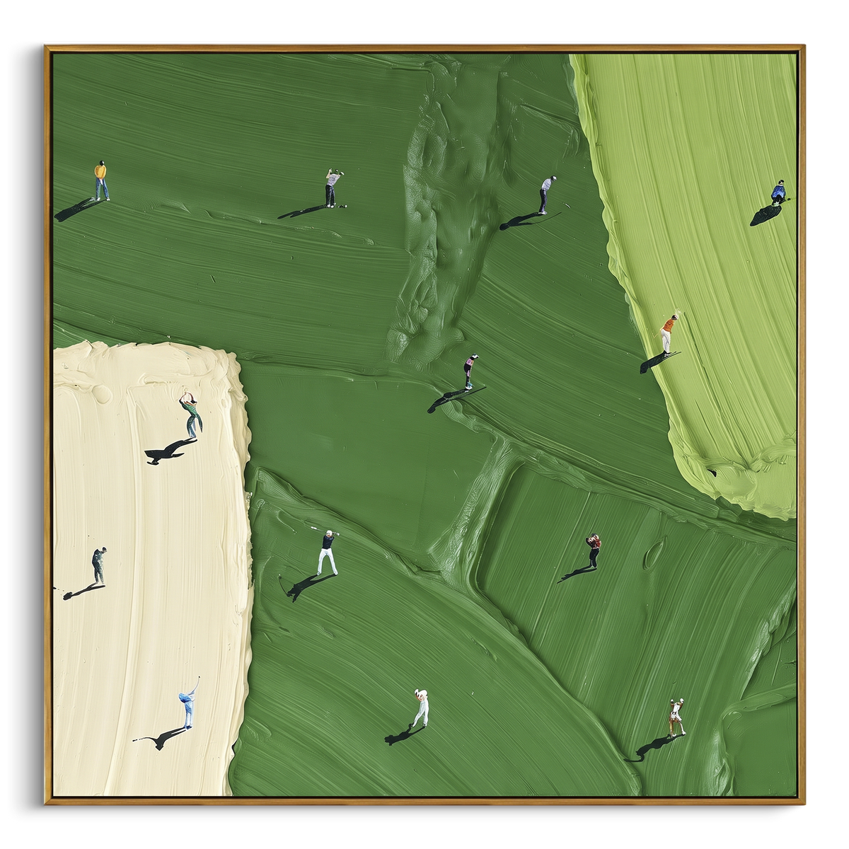 White Edge Golf Course Relief focuses on this hand-painted textured canvas features white bunker edge, vertical lime fairway, dark green terrain blocks, and small golfer silhouettes. The composition is described from the actual main image, so the visible subject, color balance, spacing, and surface movement stay specific to this product instead of reading like a batch title. Raised palette-knife layers, sculpted impasto ridges, softened brush transitions, and tactile handmade texture give the