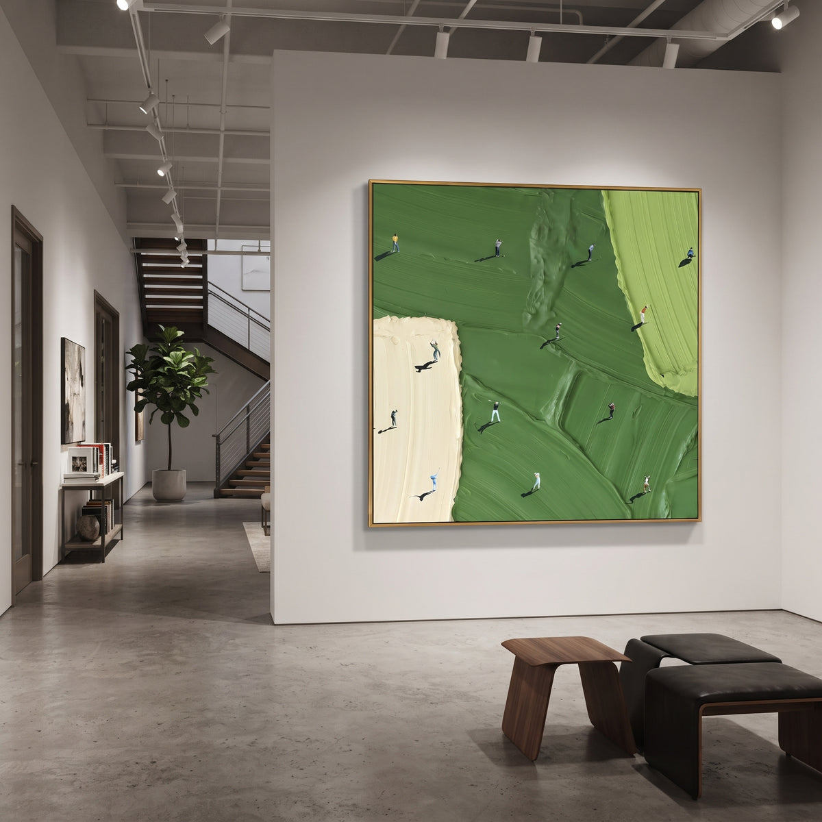 White Edge Golf Course Relief focuses on this hand-painted textured canvas features white bunker edge, vertical lime fairway, dark green terrain blocks, and small golfer silhouettes. The composition is described from the actual main image, so the visible subject, color balance, spacing, and surface movement stay specific to this product instead of reading like a batch title. Raised palette-knife layers, sculpted impasto ridges, softened brush transitions, and tactile handmade texture give the