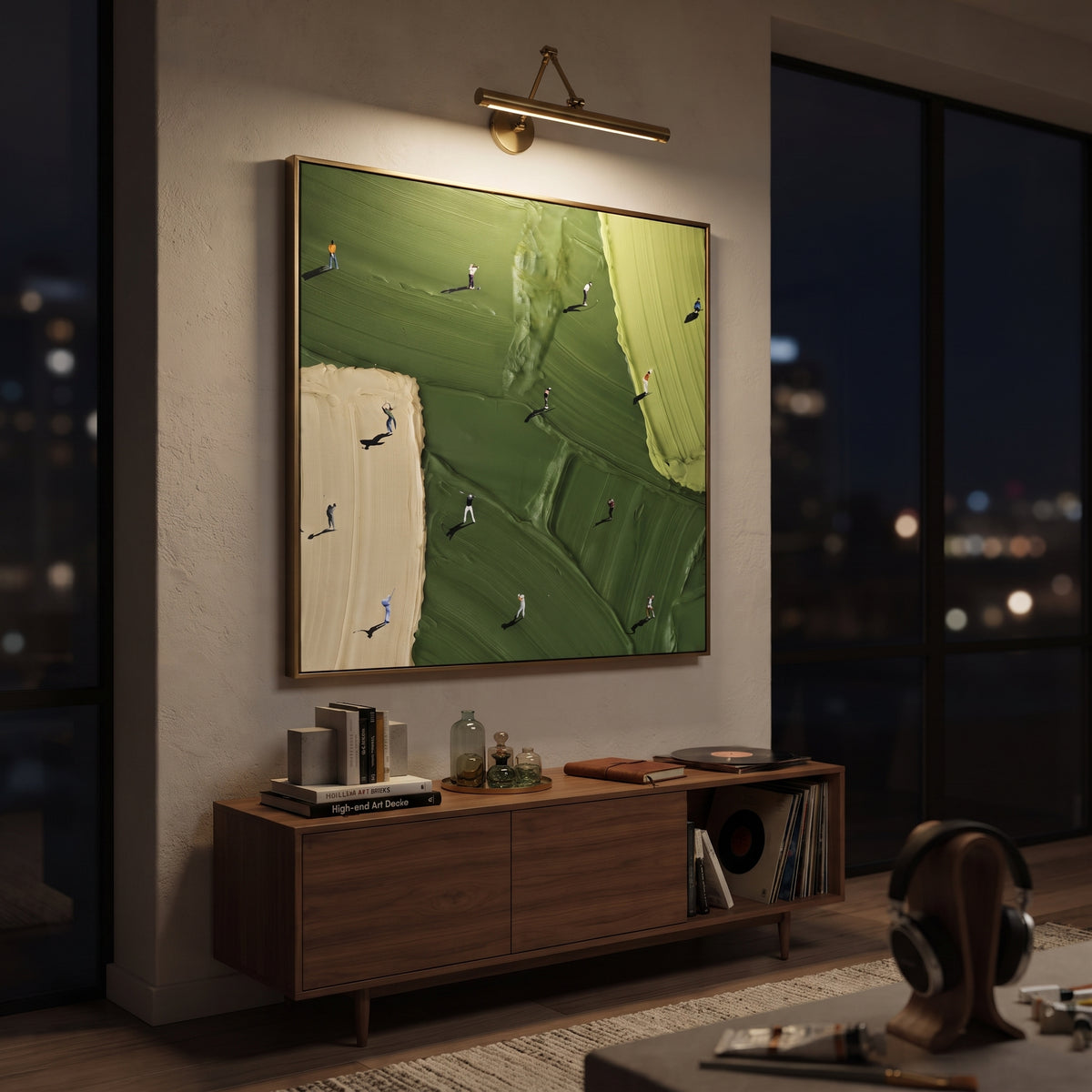 White Edge Golf Course Relief focuses on this hand-painted textured canvas features white bunker edge, vertical lime fairway, dark green terrain blocks, and small golfer silhouettes. The composition is described from the actual main image, so the visible subject, color balance, spacing, and surface movement stay specific to this product instead of reading like a batch title. Raised palette-knife layers, sculpted impasto ridges, softened brush transitions, and tactile handmade texture give the