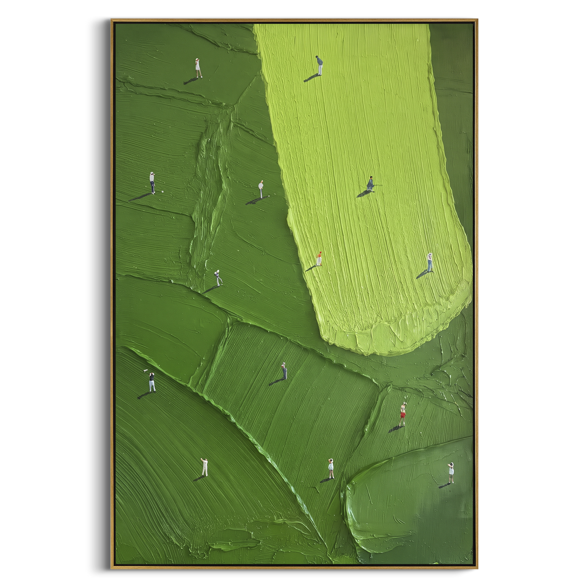 Narrow Lime Golf Fairway focuses on this hand-painted textured canvas features narrow lime fairway running vertically, dark green course panels, and scattered golfers. The composition is described from the actual main image, so the visible subject, color balance, spacing, and surface movement stay specific to this product instead of reading like a batch title. Raised palette-knife layers, sculpted impasto ridges, softened brush transitions, and tactile handmade texture give the canvas