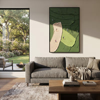 Pink Bunker Golf Green focuses on this hand-painted textured canvas features curved pink bunker, lime green putting area, layered course ridges, and golfers near the flag. The title and description are matched to the actual main image, so the visible subject, color balance, spacing, and surface movement stay specific to this product instead of using a repeated batch phrase. Raised palette-knife layers, sculpted impasto ridges, softened brush transitions, and tactile handmade texture give the