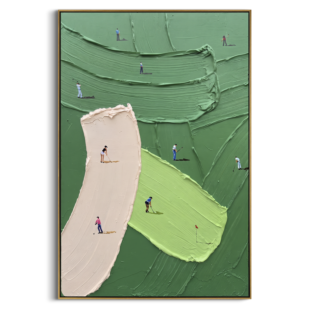 Pink Bunker Golf Green focuses on this hand-painted textured canvas features curved pink bunker, lime green putting area, layered course ridges, and golfers near the flag. The title and description are matched to the actual main image, so the visible subject, color balance, spacing, and surface movement stay specific to this product instead of using a repeated batch phrase. Raised palette-knife layers, sculpted impasto ridges, softened brush transitions, and tactile handmade texture give the