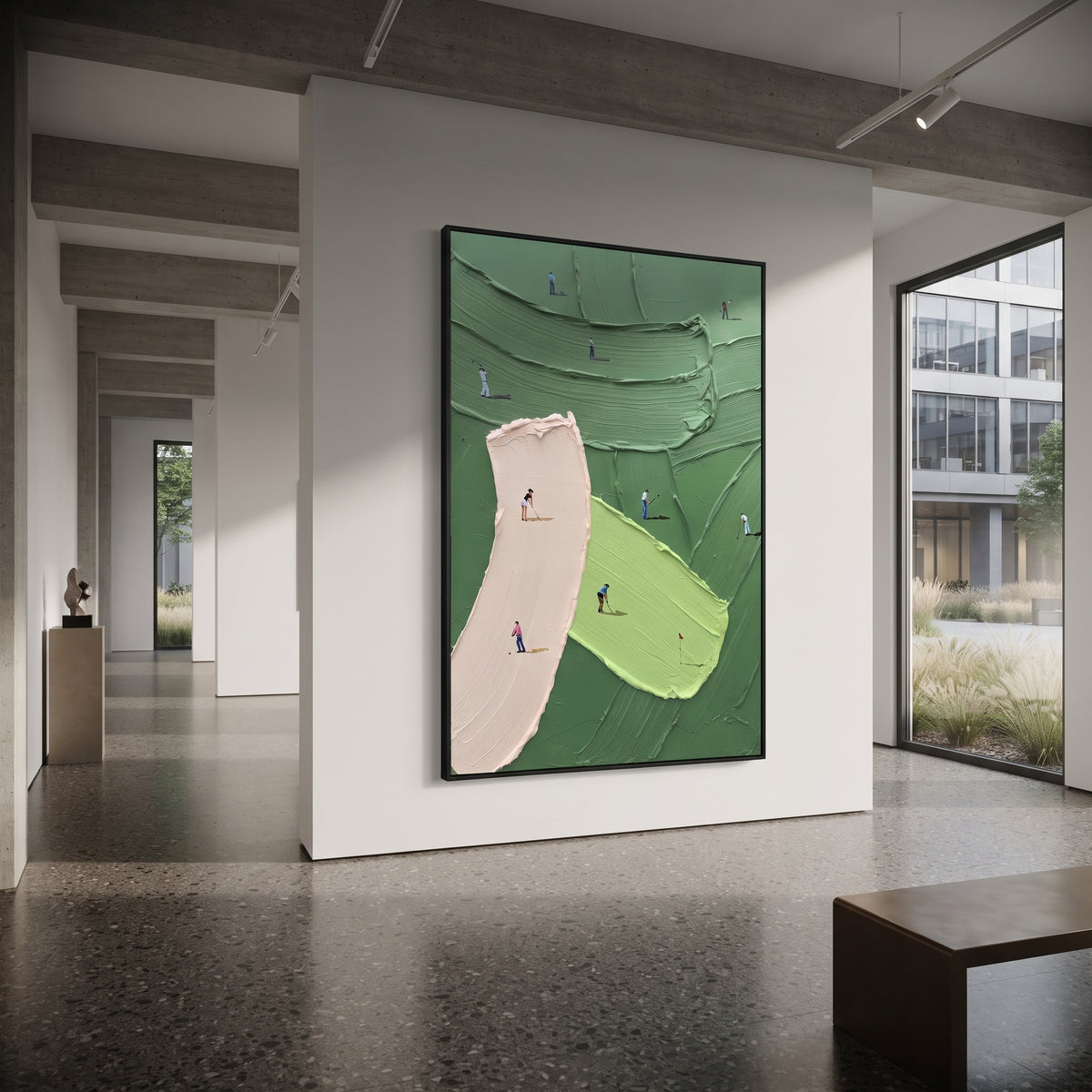 Pink Bunker Golf Green focuses on this hand-painted textured canvas features curved pink bunker, lime green putting area, layered course ridges, and golfers near the flag. The title and description are matched to the actual main image, so the visible subject, color balance, spacing, and surface movement stay specific to this product instead of using a repeated batch phrase. Raised palette-knife layers, sculpted impasto ridges, softened brush transitions, and tactile handmade texture give the