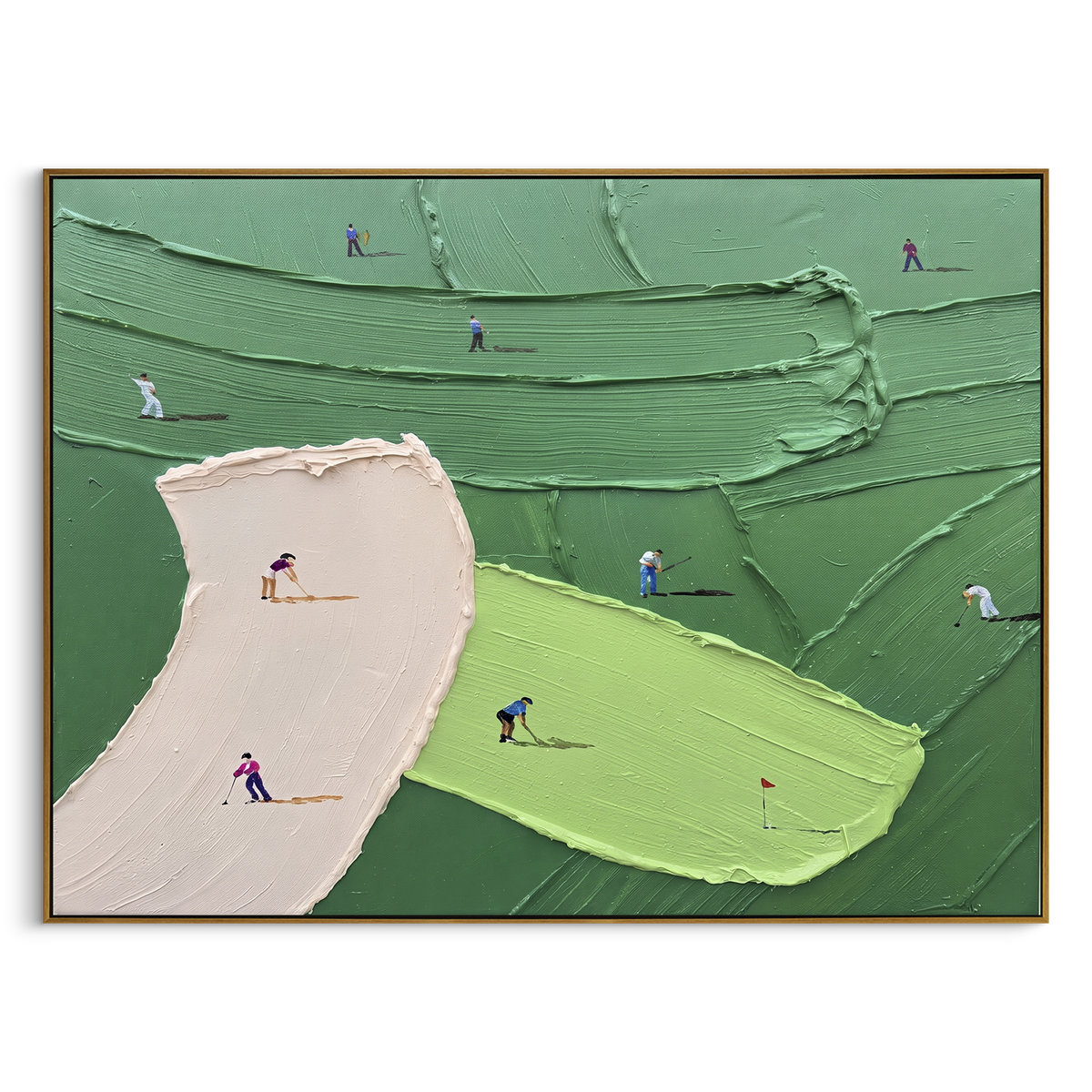 Pink Bunker Golf Fairway focuses on this hand-painted textured canvas features horizontal view of pink bunker, lime green, terraced dark green fairway, and golfers in motion. The composition is described from the actual main image, so the visible subject, color balance, spacing, and surface movement stay specific to this product instead of reading like a batch title. Raised palette-knife layers, sculpted impasto ridges, softened brush transitions, and tactile handmade texture give the canvas
