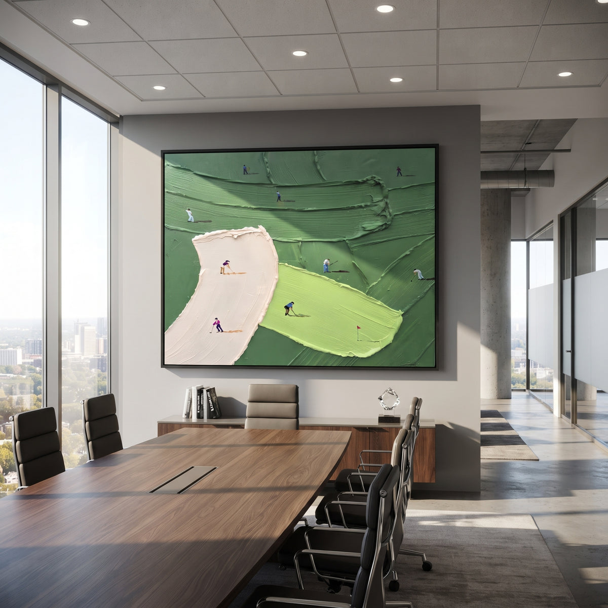 Pink Bunker Golf Fairway focuses on this hand-painted textured canvas features horizontal view of pink bunker, lime green, terraced dark green fairway, and golfers in motion. The composition is described from the actual main image, so the visible subject, color balance, spacing, and surface movement stay specific to this product instead of reading like a batch title. Raised palette-knife layers, sculpted impasto ridges, softened brush transitions, and tactile handmade texture give the canvas
