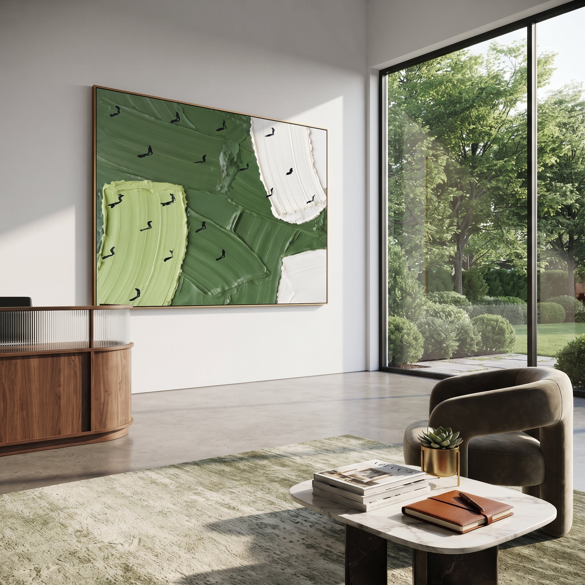 White Sand Trap Golfers focuses on this hand-painted textured canvas features white sand trap, lime bunker patch, deep green fairway fields, and dark golfer silhouettes. The composition is described from the actual main image, so the visible subject, color balance, spacing, and surface movement stay specific to this product instead of reading like a batch title. Raised palette-knife layers, sculpted impasto ridges, softened brush transitions, and tactile handmade texture give the canvas
