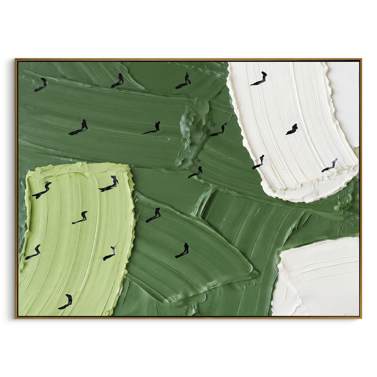 White Sand Trap Golfers focuses on this hand-painted textured canvas features white sand trap, lime bunker patch, deep green fairway fields, and dark golfer silhouettes. The composition is described from the actual main image, so the visible subject, color balance, spacing, and surface movement stay specific to this product instead of reading like a batch title. Raised palette-knife layers, sculpted impasto ridges, softened brush transitions, and tactile handmade texture give the canvas