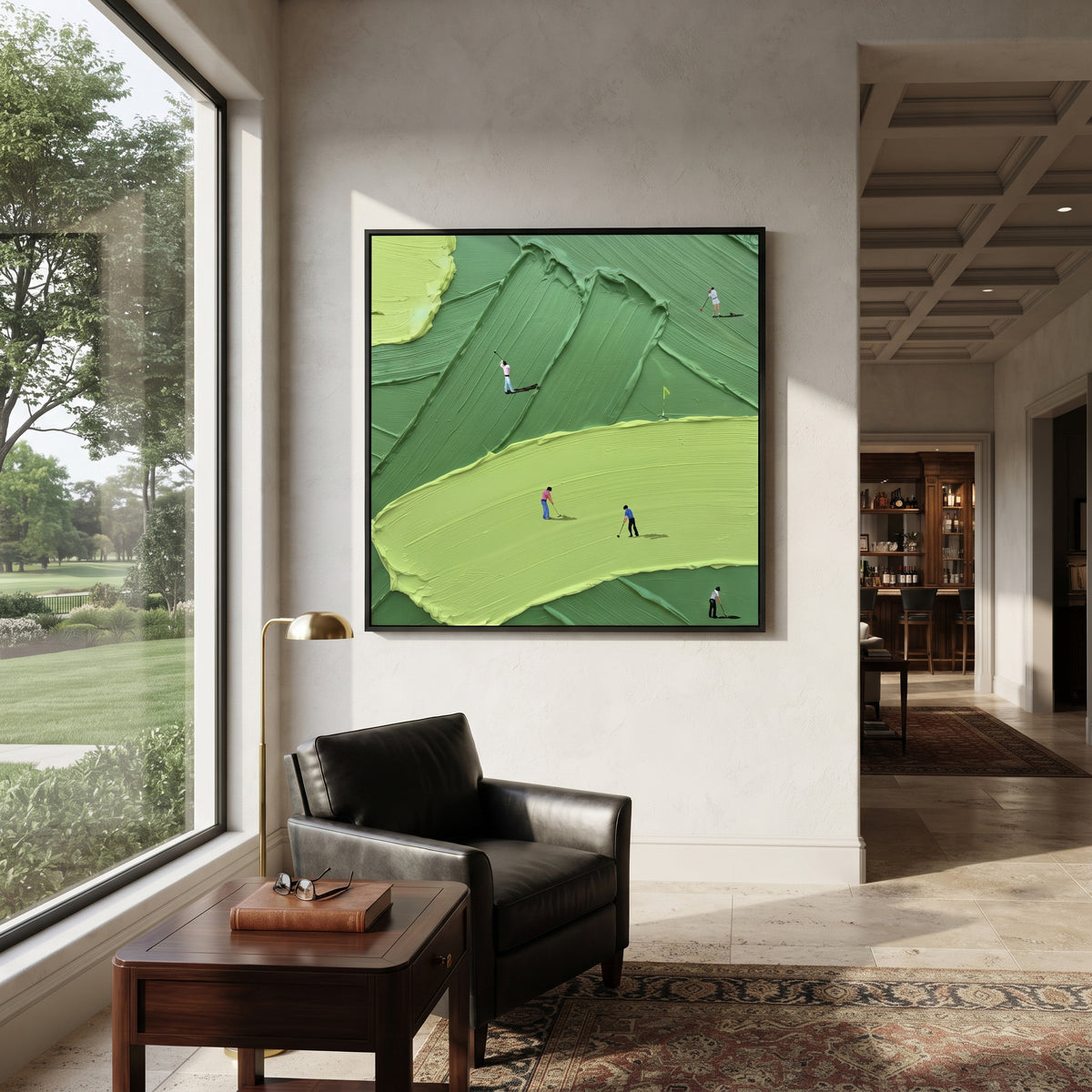 Raised Fairway Golf Green focuses on this hand-painted textured canvas features raised ridged fairway, broad lime green foreground, flagstick, and golfers in red and blue. The composition is described from the actual main image, so the visible subject, color balance, spacing, and surface movement stay specific to this product instead of reading like a batch title. Raised palette-knife layers, sculpted impasto ridges, softened brush transitions, and tactile handmade texture give the canvas