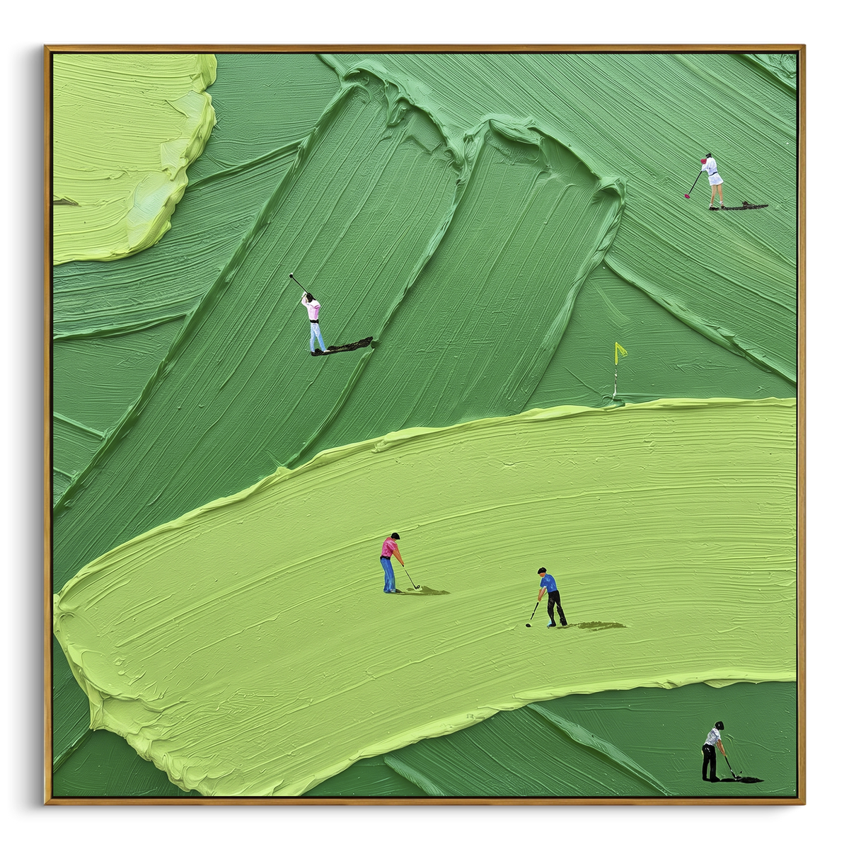 Raised Fairway Golf Green focuses on this hand-painted textured canvas features raised ridged fairway, broad lime green foreground, flagstick, and golfers in red and blue. The composition is described from the actual main image, so the visible subject, color balance, spacing, and surface movement stay specific to this product instead of reading like a batch title. Raised palette-knife layers, sculpted impasto ridges, softened brush transitions, and tactile handmade texture give the canvas