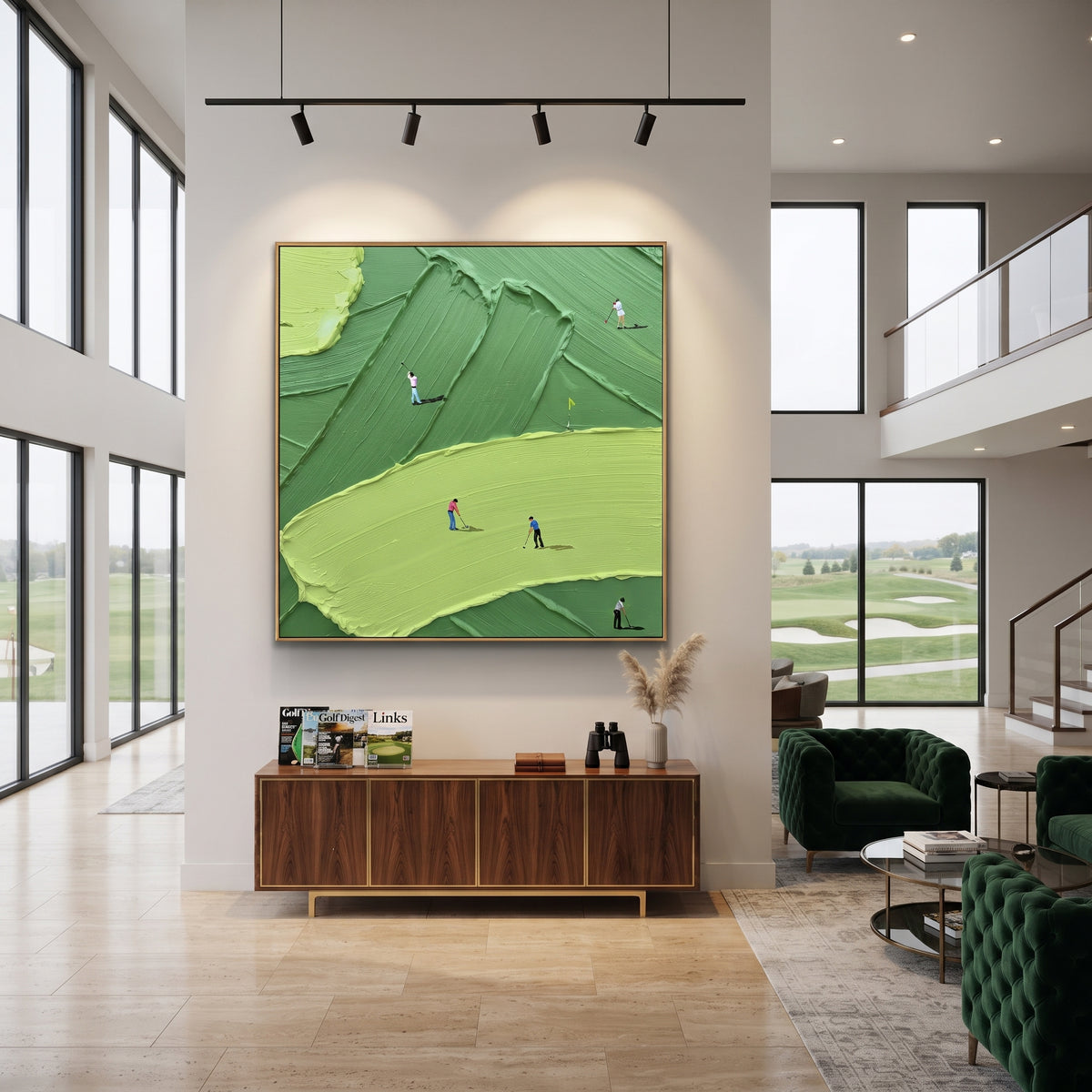 Raised Fairway Golf Green focuses on this hand-painted textured canvas features raised ridged fairway, broad lime green foreground, flagstick, and golfers in red and blue. The composition is described from the actual main image, so the visible subject, color balance, spacing, and surface movement stay specific to this product instead of reading like a batch title. Raised palette-knife layers, sculpted impasto ridges, softened brush transitions, and tactile handmade texture give the canvas