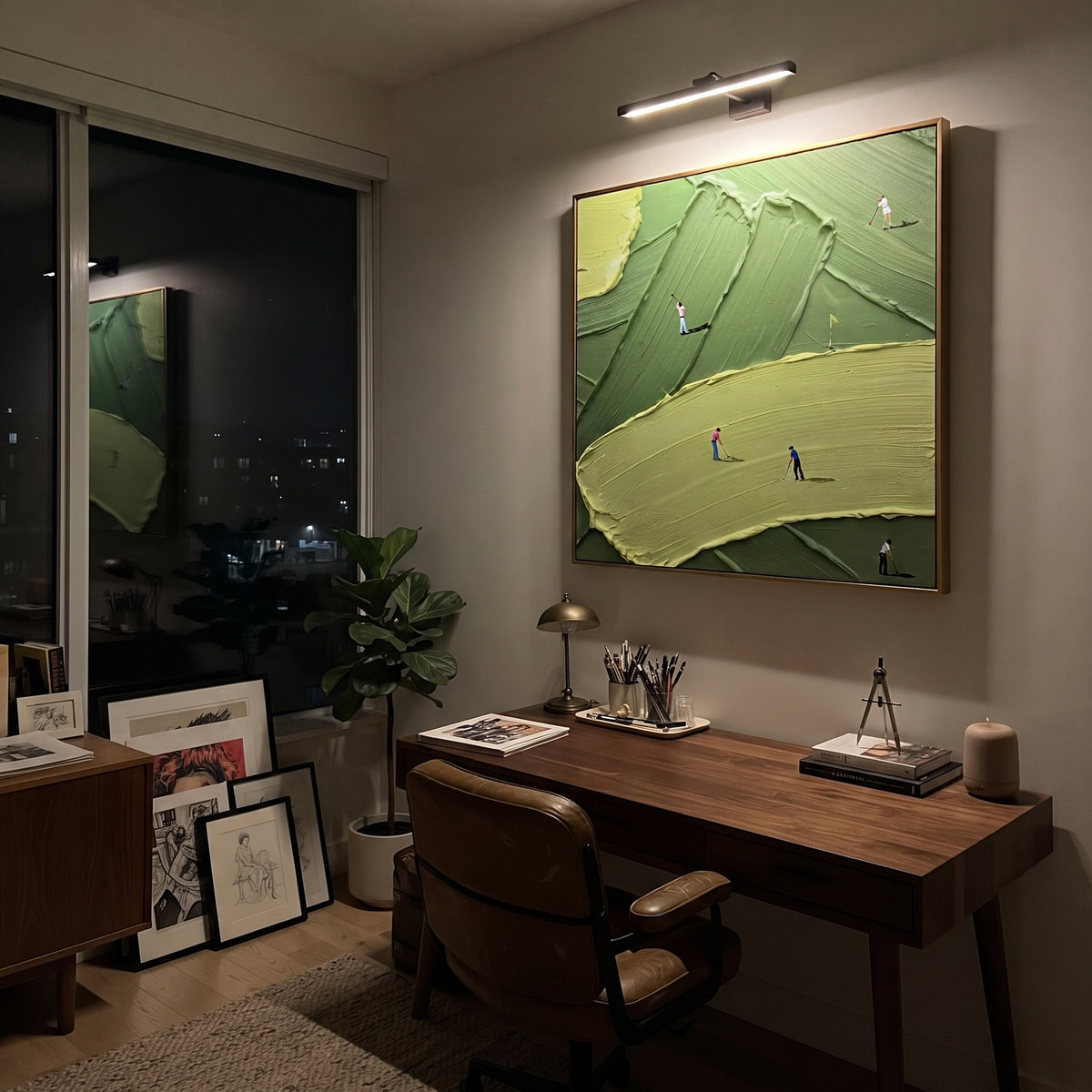 Raised Fairway Golf Green focuses on this hand-painted textured canvas features raised ridged fairway, broad lime green foreground, flagstick, and golfers in red and blue. The composition is described from the actual main image, so the visible subject, color balance, spacing, and surface movement stay specific to this product instead of reading like a batch title. Raised palette-knife layers, sculpted impasto ridges, softened brush transitions, and tactile handmade texture give the canvas