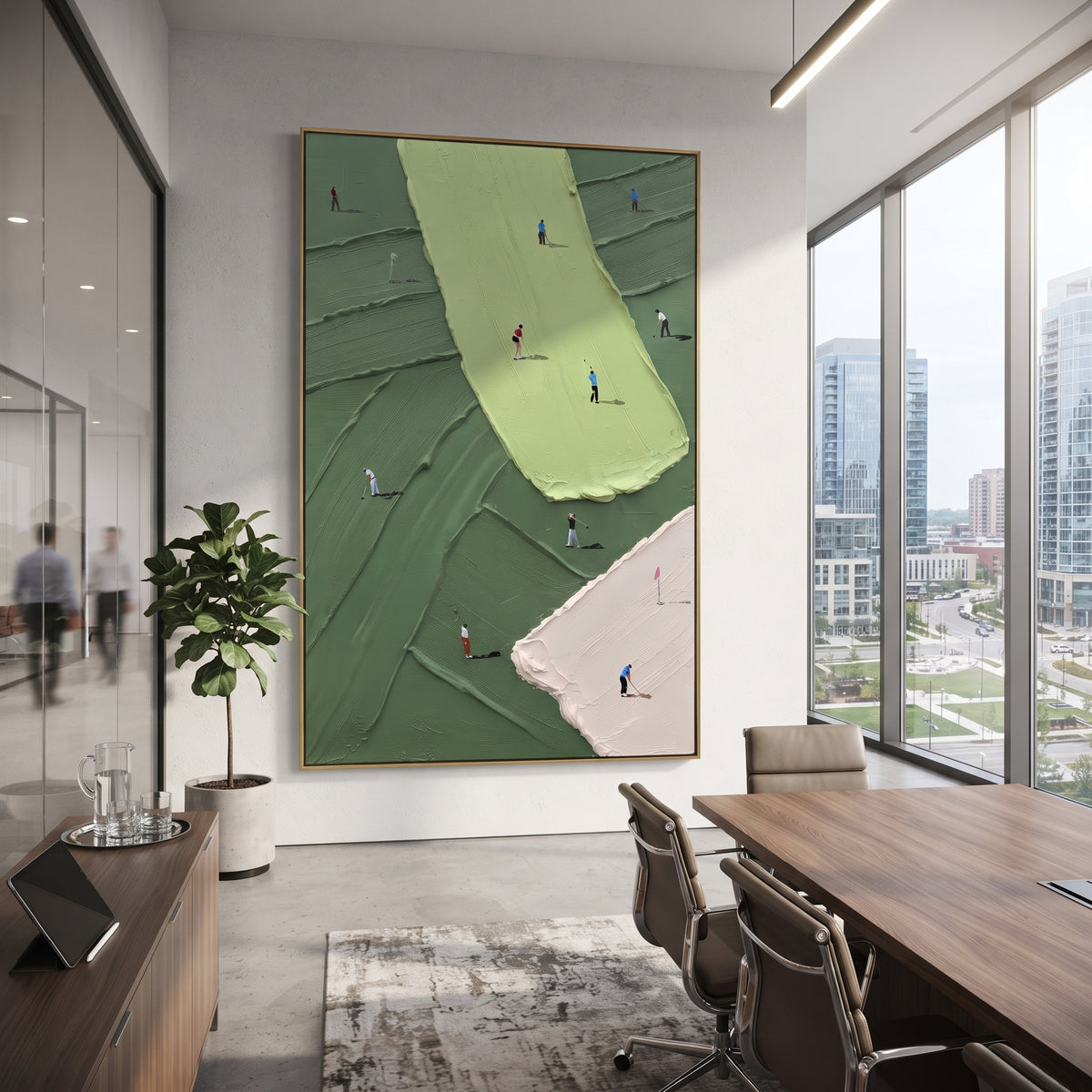 Lime Fairway Golf Course focuses on this hand-painted textured canvas features long vertical lime fairway, pale pink bunker edge, dark green course blocks, and small golfers. The composition is described from the actual main image, so the visible subject, color balance, spacing, and surface movement stay specific to this product instead of reading like a batch title. Raised palette-knife layers, sculpted impasto ridges, softened brush transitions, and tactile handmade texture give the canvas