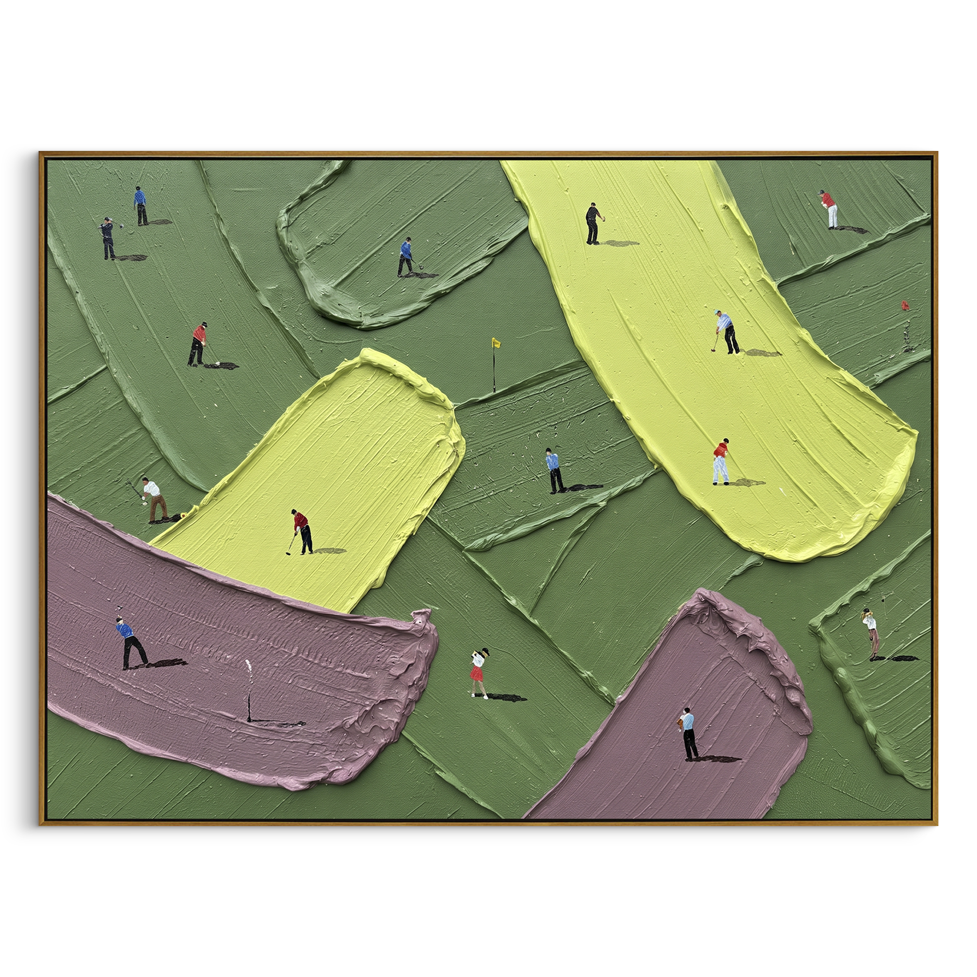 Multicolor Golf Bunker Relief focuses on this hand-painted textured canvas features yellow and purple bunkers, dark green fairways, and scattered golfers in a wide course composition. The composition is described from the actual main image, so the visible subject, color balance, spacing, and surface movement stay specific to this product instead of reading like a batch title. Raised palette-knife layers, sculpted impasto ridges, softened brush transitions, and tactile handmade texture give the