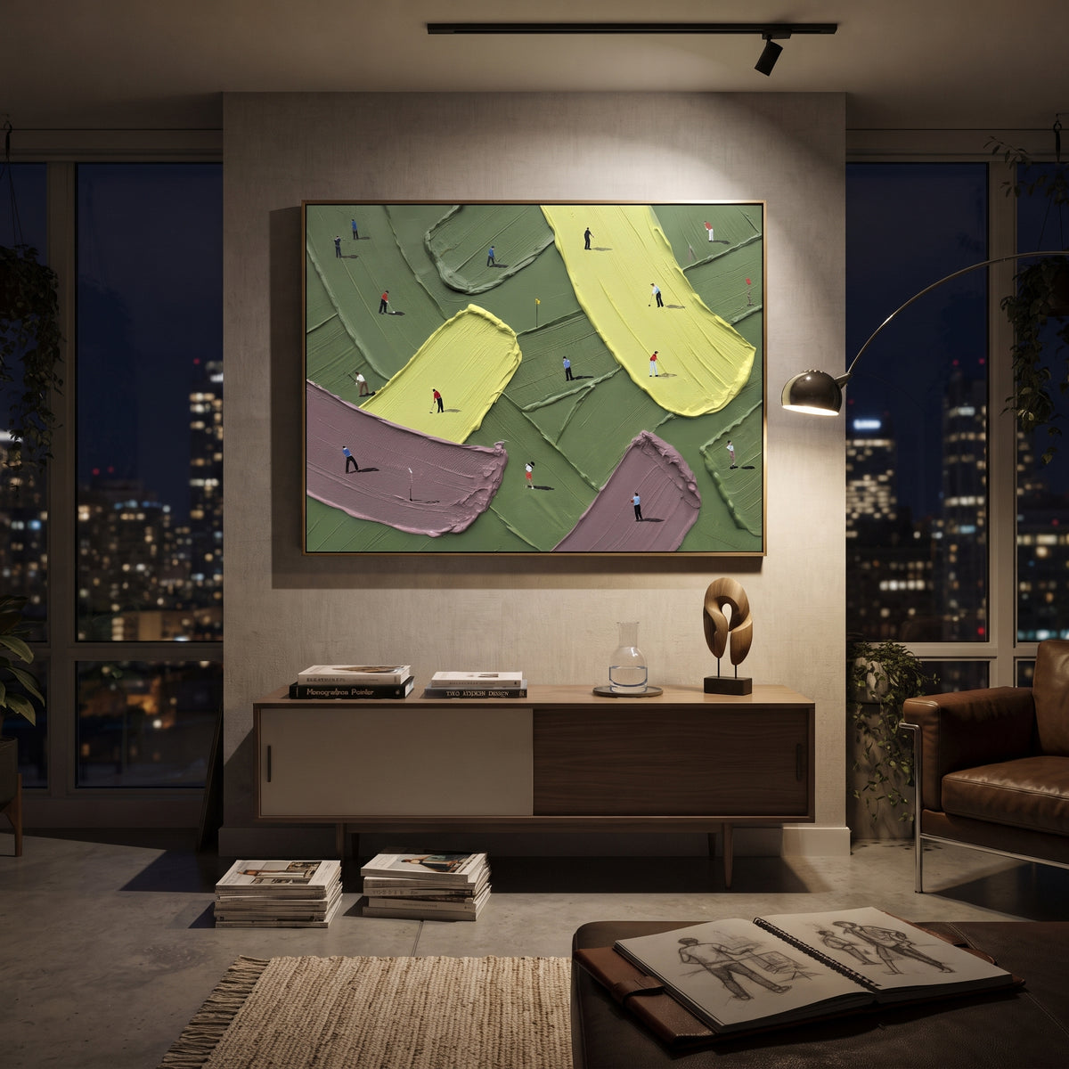 Multicolor Golf Bunker Relief focuses on this hand-painted textured canvas features yellow and purple bunkers, dark green fairways, and scattered golfers in a wide course composition. The composition is described from the actual main image, so the visible subject, color balance, spacing, and surface movement stay specific to this product instead of reading like a batch title. Raised palette-knife layers, sculpted impasto ridges, softened brush transitions, and tactile handmade texture give the