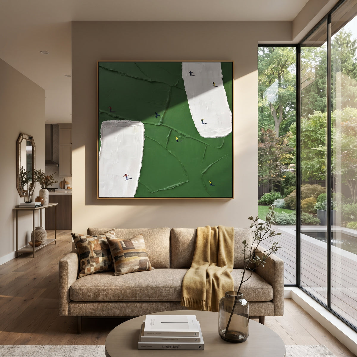 Twin White Bunker Golf Green focuses on this hand-painted textured canvas features tall white bunker strip, square white sand patch, deep green fairway, and tiny golfers. The title and description are matched to the actual main image, so the visible subject, color balance, spacing, and surface movement stay specific to this product instead of using a repeated batch phrase. Raised palette-knife layers, sculpted impasto ridges, softened brush transitions, and tactile handmade texture give the