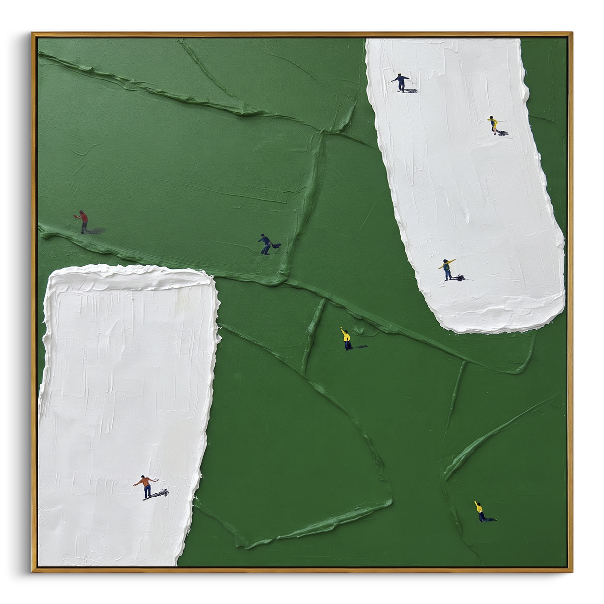 Twin White Bunker Golf Green focuses on this hand-painted textured canvas features tall white bunker strip, square white sand patch, deep green fairway, and tiny golfers. The title and description are matched to the actual main image, so the visible subject, color balance, spacing, and surface movement stay specific to this product instead of using a repeated batch phrase. Raised palette-knife layers, sculpted impasto ridges, softened brush transitions, and tactile handmade texture give the