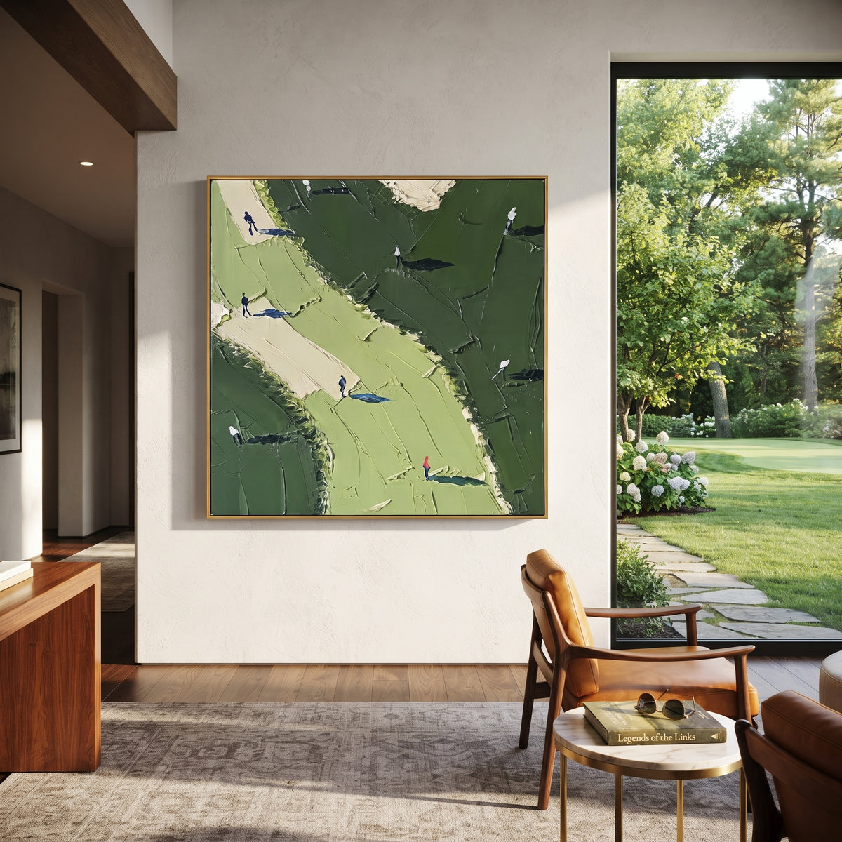 Cream Curved Fairway Golf focuses on this hand-painted textured canvas features curved cream fairway, dark green rough, small golfers, and heavy palette-knife terrain. The composition is described from the actual main image, so the visible subject, color balance, spacing, and surface movement stay specific to this product instead of reading like a batch title. Raised palette-knife layers, sculpted impasto ridges, softened brush transitions, and tactile handmade texture give the canvas