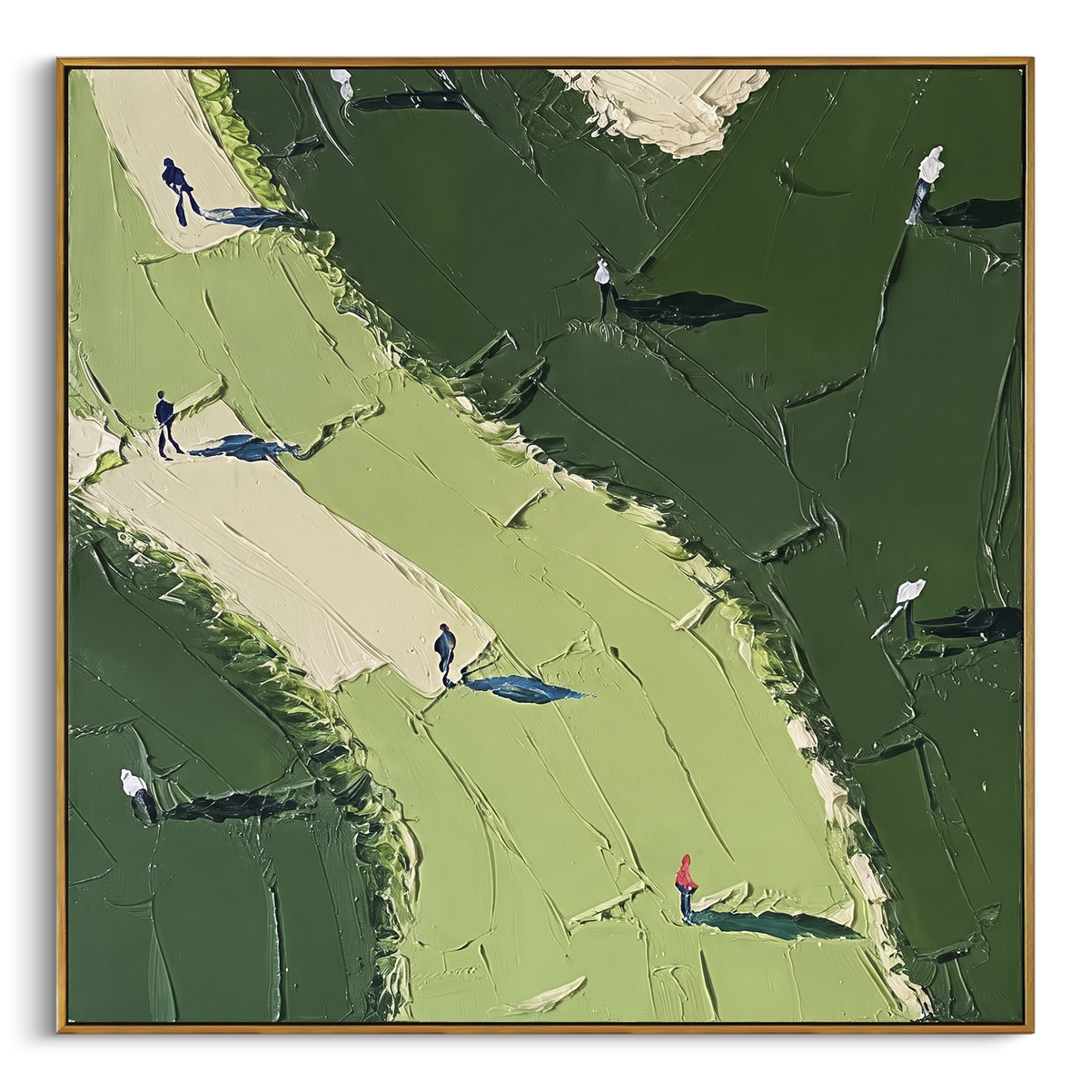 Cream Curved Fairway Golf focuses on this hand-painted textured canvas features curved cream fairway, dark green rough, small golfers, and heavy palette-knife terrain. The composition is described from the actual main image, so the visible subject, color balance, spacing, and surface movement stay specific to this product instead of reading like a batch title. Raised palette-knife layers, sculpted impasto ridges, softened brush transitions, and tactile handmade texture give the canvas