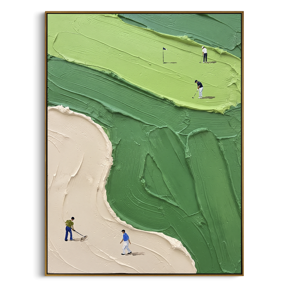 Green Golf Fairway And Sand focuses on this hand-painted textured canvas features pale sand bunker, lime green fairway, layered green course texture, and golfers near the lower edge. The composition is described from the actual main image, so the visible subject, color balance, spacing, and surface movement stay specific to this product instead of reading like a batch title. Raised palette-knife layers, sculpted impasto ridges, softened brush transitions, and tactile handmade texture give the