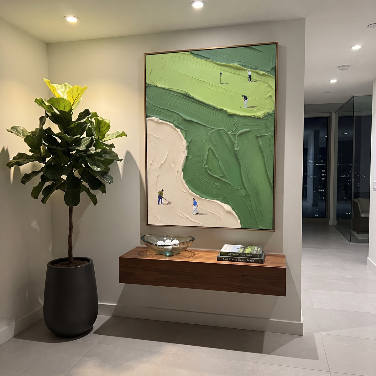Green Golf Fairway And Sand focuses on this hand-painted textured canvas features pale sand bunker, lime green fairway, layered green course texture, and golfers near the lower edge. The composition is described from the actual main image, so the visible subject, color balance, spacing, and surface movement stay specific to this product instead of reading like a batch title. Raised palette-knife layers, sculpted impasto ridges, softened brush transitions, and tactile handmade texture give the