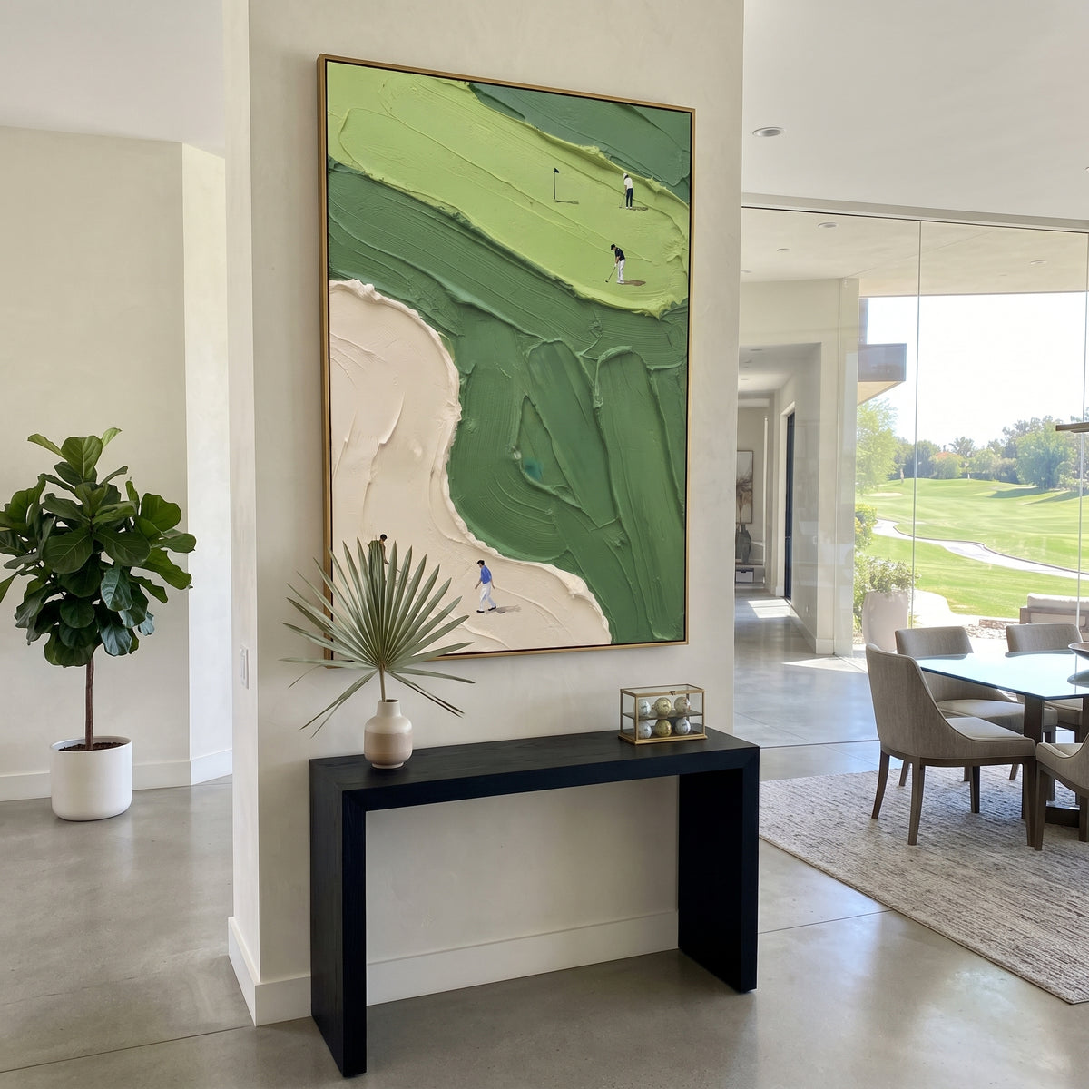 Green Golf Fairway And Sand focuses on this hand-painted textured canvas features pale sand bunker, lime green fairway, layered green course texture, and golfers near the lower edge. The composition is described from the actual main image, so the visible subject, color balance, spacing, and surface movement stay specific to this product instead of reading like a batch title. Raised palette-knife layers, sculpted impasto ridges, softened brush transitions, and tactile handmade texture give the