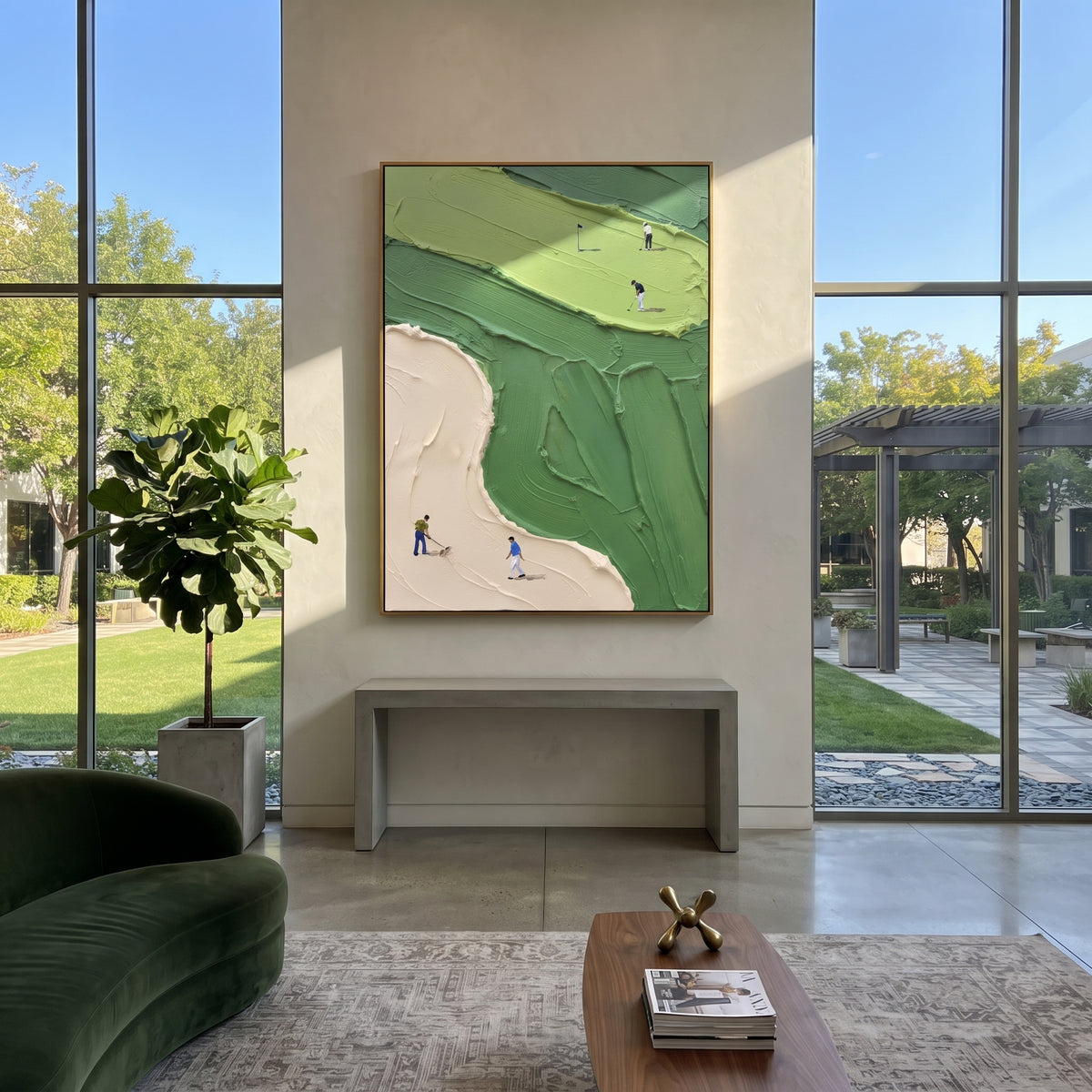 Green Golf Fairway And Sand focuses on this hand-painted textured canvas features pale sand bunker, lime green fairway, layered green course texture, and golfers near the lower edge. The composition is described from the actual main image, so the visible subject, color balance, spacing, and surface movement stay specific to this product instead of reading like a batch title. Raised palette-knife layers, sculpted impasto ridges, softened brush transitions, and tactile handmade texture give the