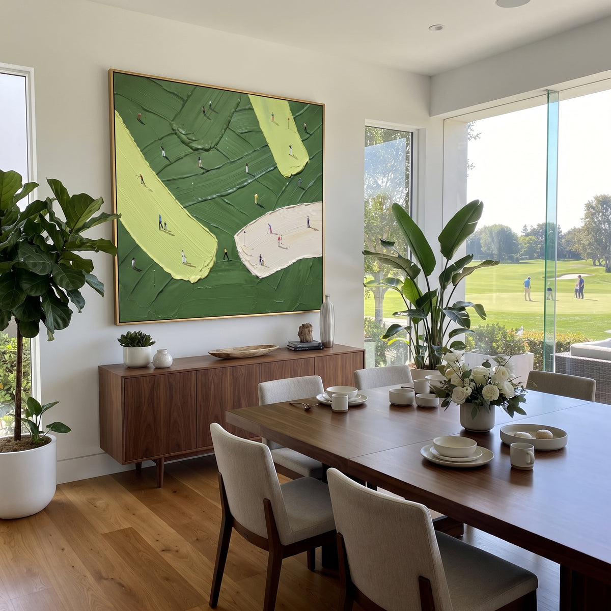 Crossing Fairways Golf Relief focuses on this hand-painted textured canvas features crossing lime fairways, pale sand bunker, dark green ridges, and many small golfer figures. The composition is described from the actual main image, so the visible subject, color balance, spacing, and surface movement stay specific to this product instead of reading like a batch title. Raised palette-knife layers, sculpted impasto ridges, softened brush transitions, and tactile handmade texture give the canvas