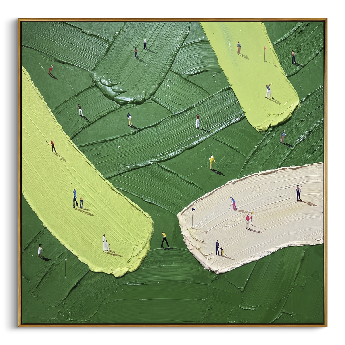 Crossing Fairways Golf Relief focuses on this hand-painted textured canvas features crossing lime fairways, pale sand bunker, dark green ridges, and many small golfer figures. The composition is described from the actual main image, so the visible subject, color balance, spacing, and surface movement stay specific to this product instead of reading like a batch title. Raised palette-knife layers, sculpted impasto ridges, softened brush transitions, and tactile handmade texture give the canvas