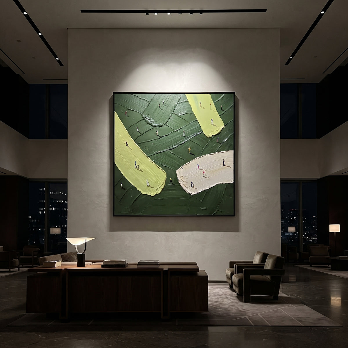 Crossing Fairways Golf Relief focuses on this hand-painted textured canvas features crossing lime fairways, pale sand bunker, dark green ridges, and many small golfer figures. The composition is described from the actual main image, so the visible subject, color balance, spacing, and surface movement stay specific to this product instead of reading like a batch title. Raised palette-knife layers, sculpted impasto ridges, softened brush transitions, and tactile handmade texture give the canvas