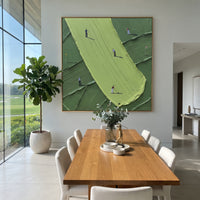 Long Lime Putting Green focuses on this hand-painted textured canvas features long lime putting green, dark green terraced course, tiny golfers, and visible brush ridges. The composition is described from the actual main image, so the visible subject, color balance, spacing, and surface movement stay specific to this product instead of reading like a batch title. Raised palette-knife layers, sculpted impasto ridges, softened brush transitions, and tactile handmade texture give the canvas