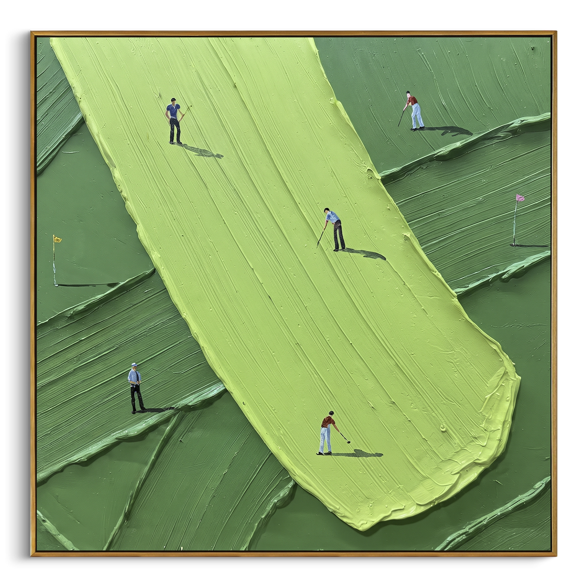 "Long Lime Putting Green" - Modern Heavy Impasto Golf Course Landscape | Green & Yellow Palette Knife Painting | Luxury Square Wall Art #PT 1959