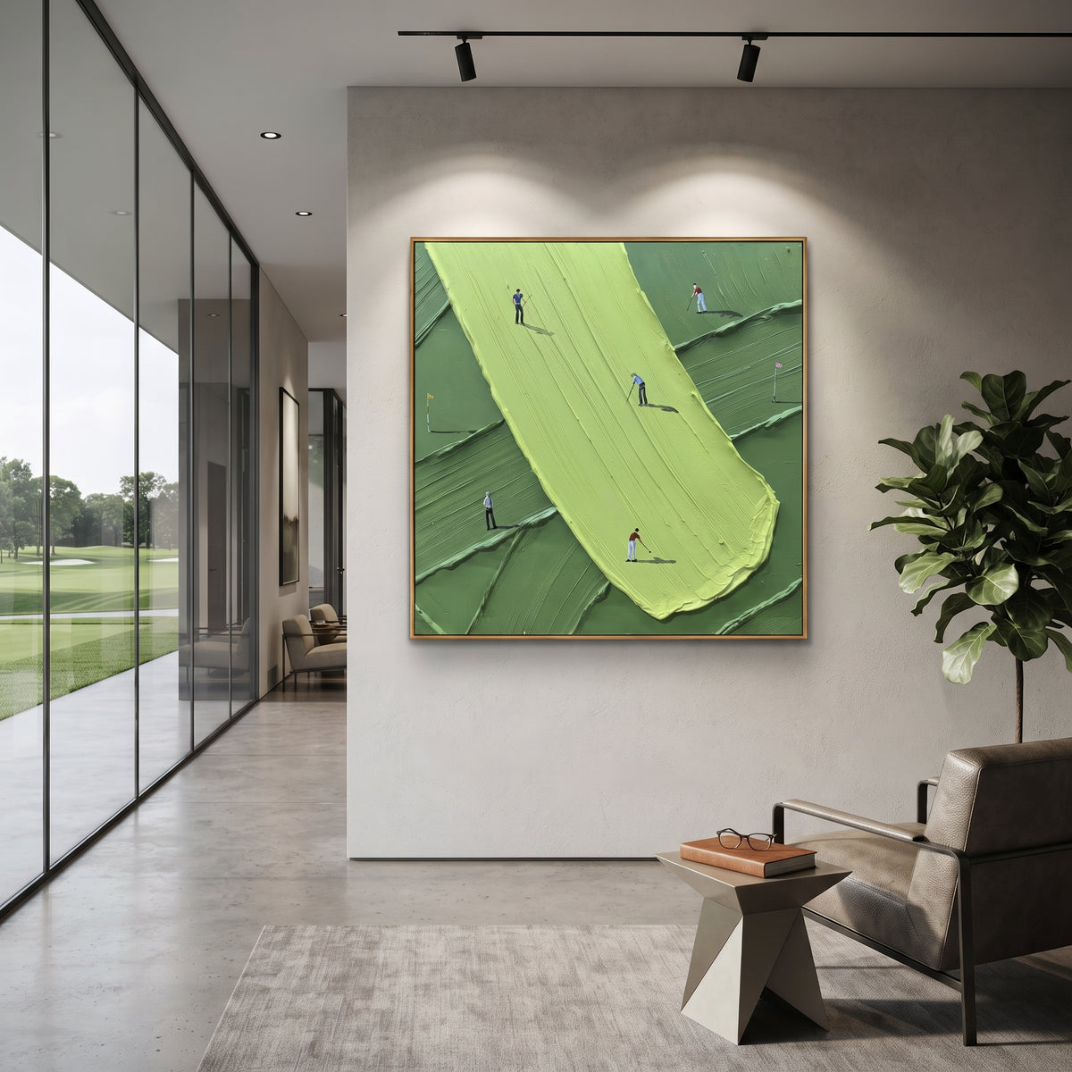 Long Lime Putting Green focuses on this hand-painted textured canvas features long lime putting green, dark green terraced course, tiny golfers, and visible brush ridges. The composition is described from the actual main image, so the visible subject, color balance, spacing, and surface movement stay specific to this product instead of reading like a batch title. Raised palette-knife layers, sculpted impasto ridges, softened brush transitions, and tactile handmade texture give the canvas