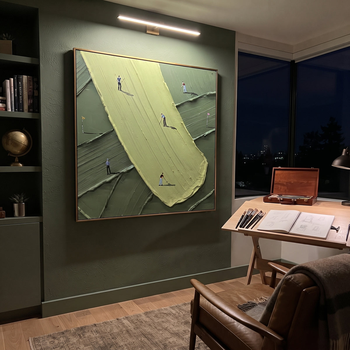 Long Lime Putting Green focuses on this hand-painted textured canvas features long lime putting green, dark green terraced course, tiny golfers, and visible brush ridges. The composition is described from the actual main image, so the visible subject, color balance, spacing, and surface movement stay specific to this product instead of reading like a batch title. Raised palette-knife layers, sculpted impasto ridges, softened brush transitions, and tactile handmade texture give the canvas