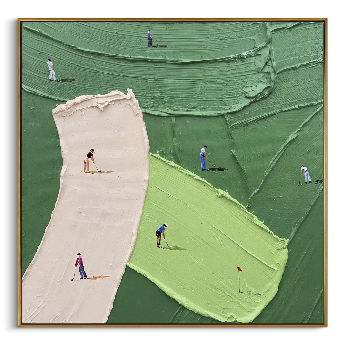 "Pink Sand Trap Golf Green" - Modern Heavy Impasto Golf Course Landscape | Green & Pink Palette Knife Painting | Luxury Square Wall Art #PT 1960