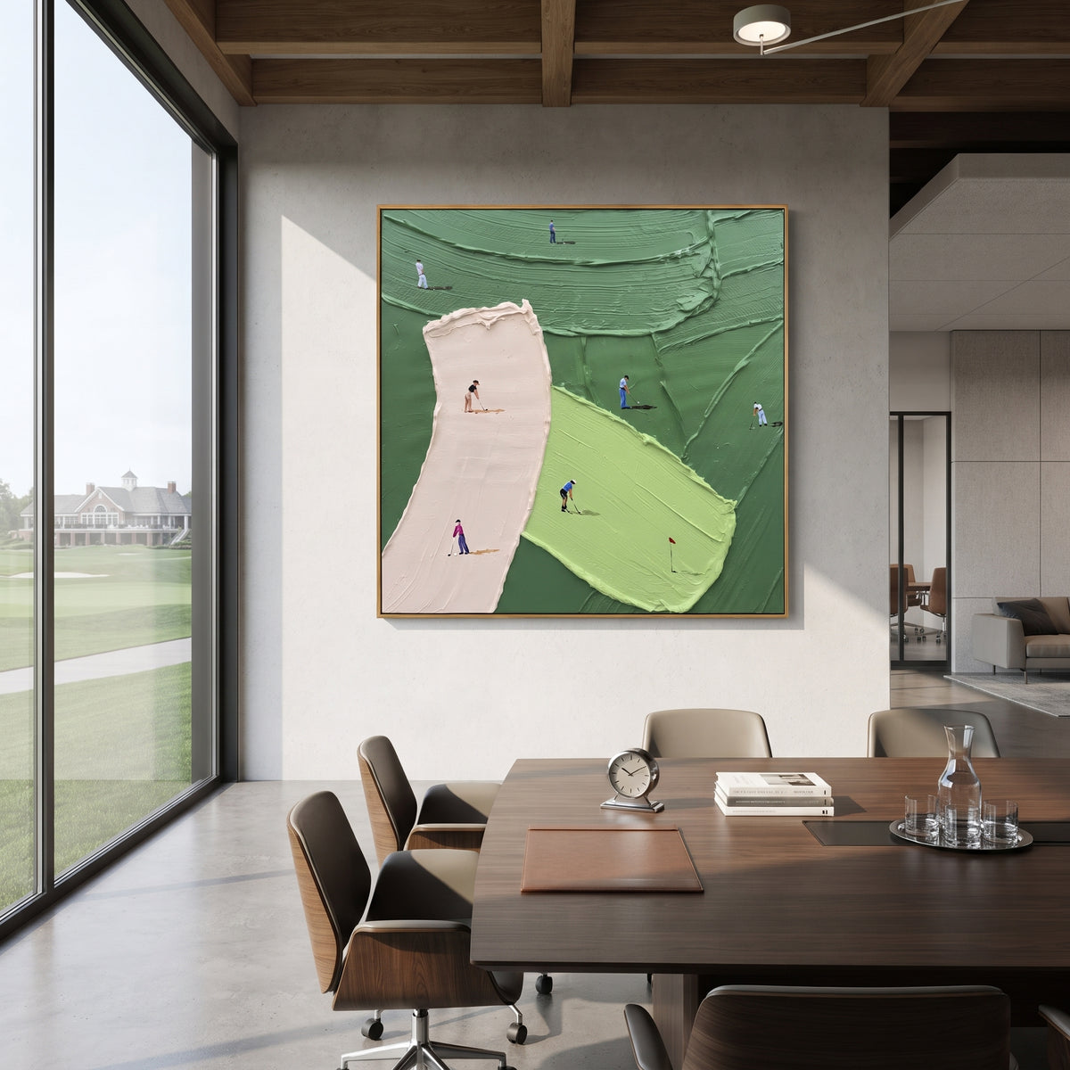 Pink Sand Trap Golf Green focuses on this hand-painted textured canvas features pink sand trap, curved lime green, dark green course ridges, and golfers around the flag. The composition is described from the actual main image, so the visible subject, color balance, spacing, and surface movement stay specific to this product instead of reading like a batch title. Raised palette-knife layers, sculpted impasto ridges, softened brush transitions, and tactile handmade texture give the canvas