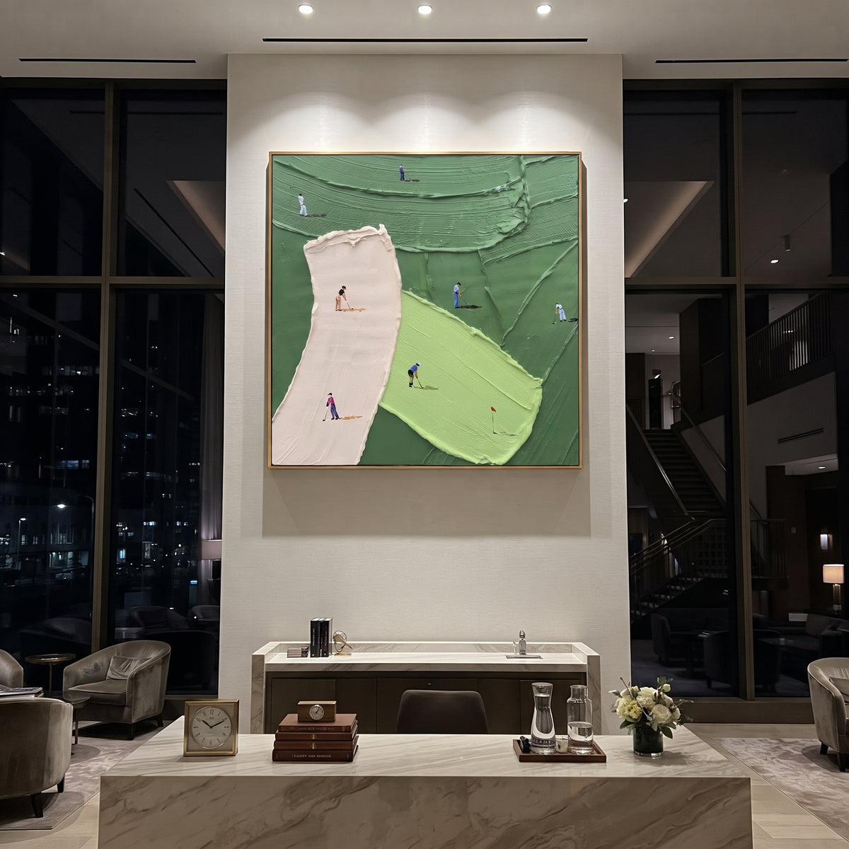 Pink Sand Trap Golf Green focuses on this hand-painted textured canvas features pink sand trap, curved lime green, dark green course ridges, and golfers around the flag. The composition is described from the actual main image, so the visible subject, color balance, spacing, and surface movement stay specific to this product instead of reading like a batch title. Raised palette-knife layers, sculpted impasto ridges, softened brush transitions, and tactile handmade texture give the canvas