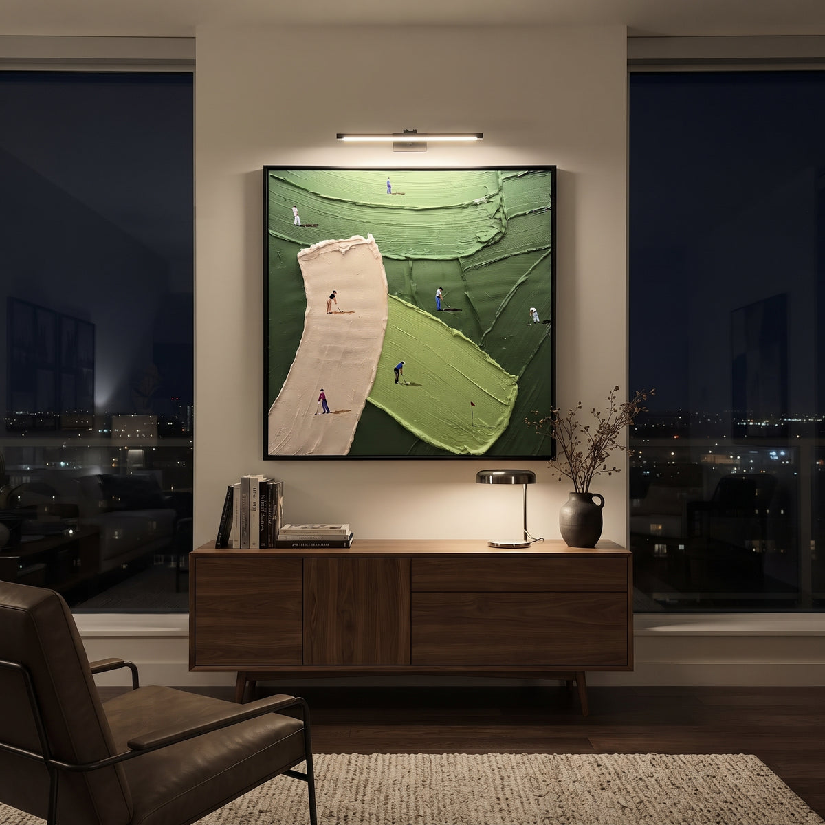 Pink Sand Trap Golf Green focuses on this hand-painted textured canvas features pink sand trap, curved lime green, dark green course ridges, and golfers around the flag. The composition is described from the actual main image, so the visible subject, color balance, spacing, and surface movement stay specific to this product instead of reading like a batch title. Raised palette-knife layers, sculpted impasto ridges, softened brush transitions, and tactile handmade texture give the canvas