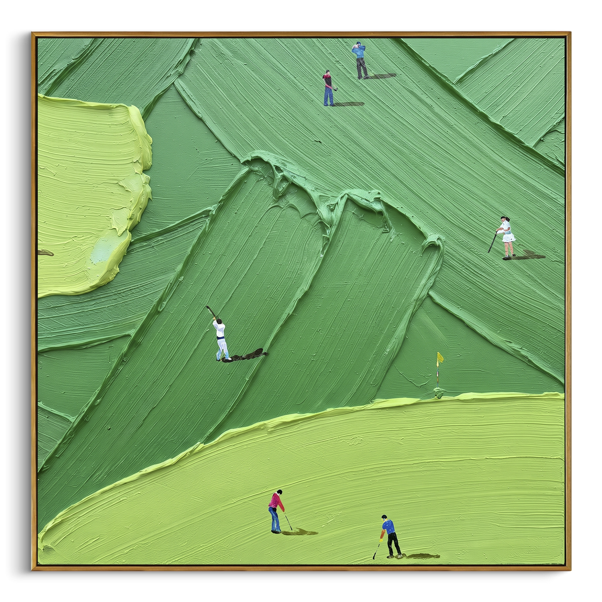 Layered Green Fairway Golf focuses on this hand-painted textured canvas features layered diagonal green fairways, small golfers, a flagstick, and bright lime course sections. The composition is described from the actual main image, so the visible subject, color balance, spacing, and surface movement stay specific to this product instead of reading like a batch title. Raised palette-knife layers, sculpted impasto ridges, softened brush transitions, and tactile handmade texture give the canvas